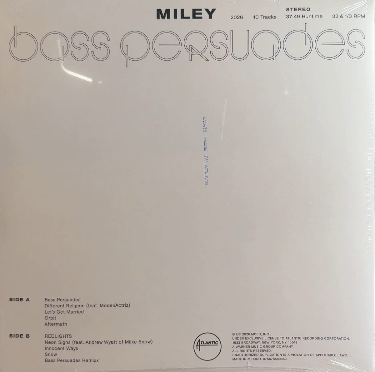 Miley Cyrus Bass Persuades 2026 US Baby Blue Vinyl Limited Edition 2500 Alt Art Poster Sealed New NM