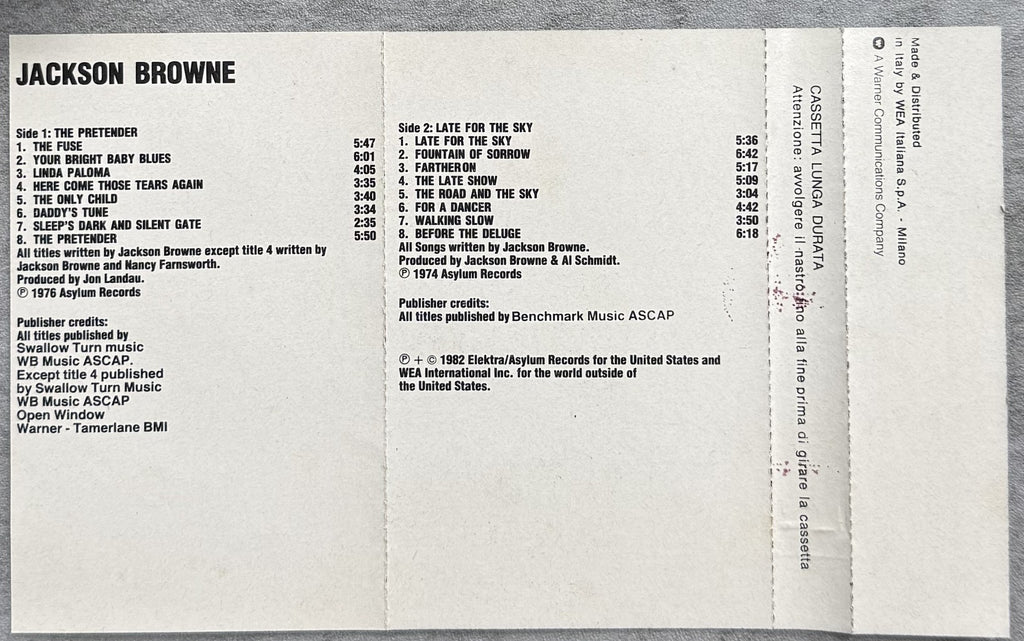 Jackson Browne - Late For The Sky / The Pretender 1982 Italian 2 Album Cassette VG+