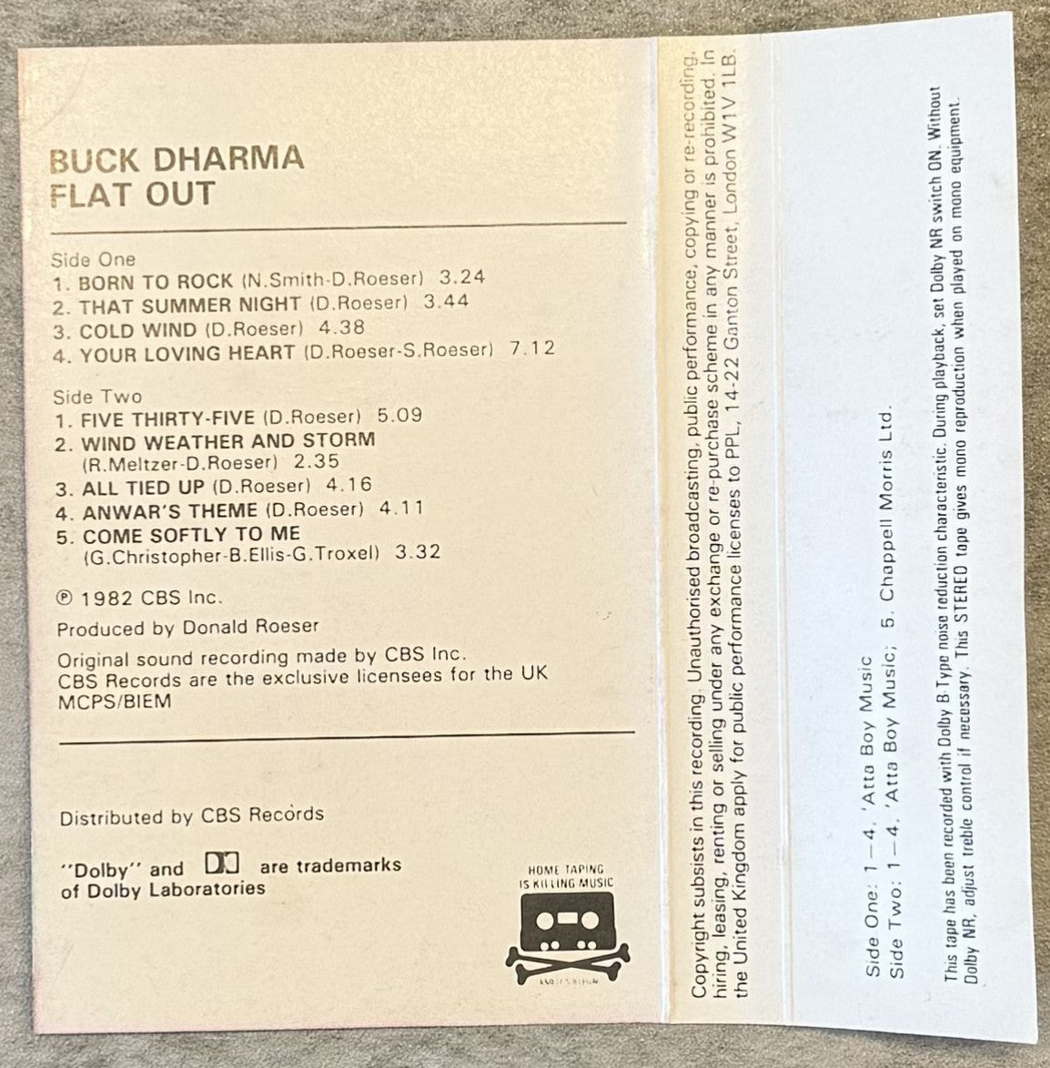 Buck Dharma - Flat Out 1982 UK cassette VG+ (Blue Oyster Cult)