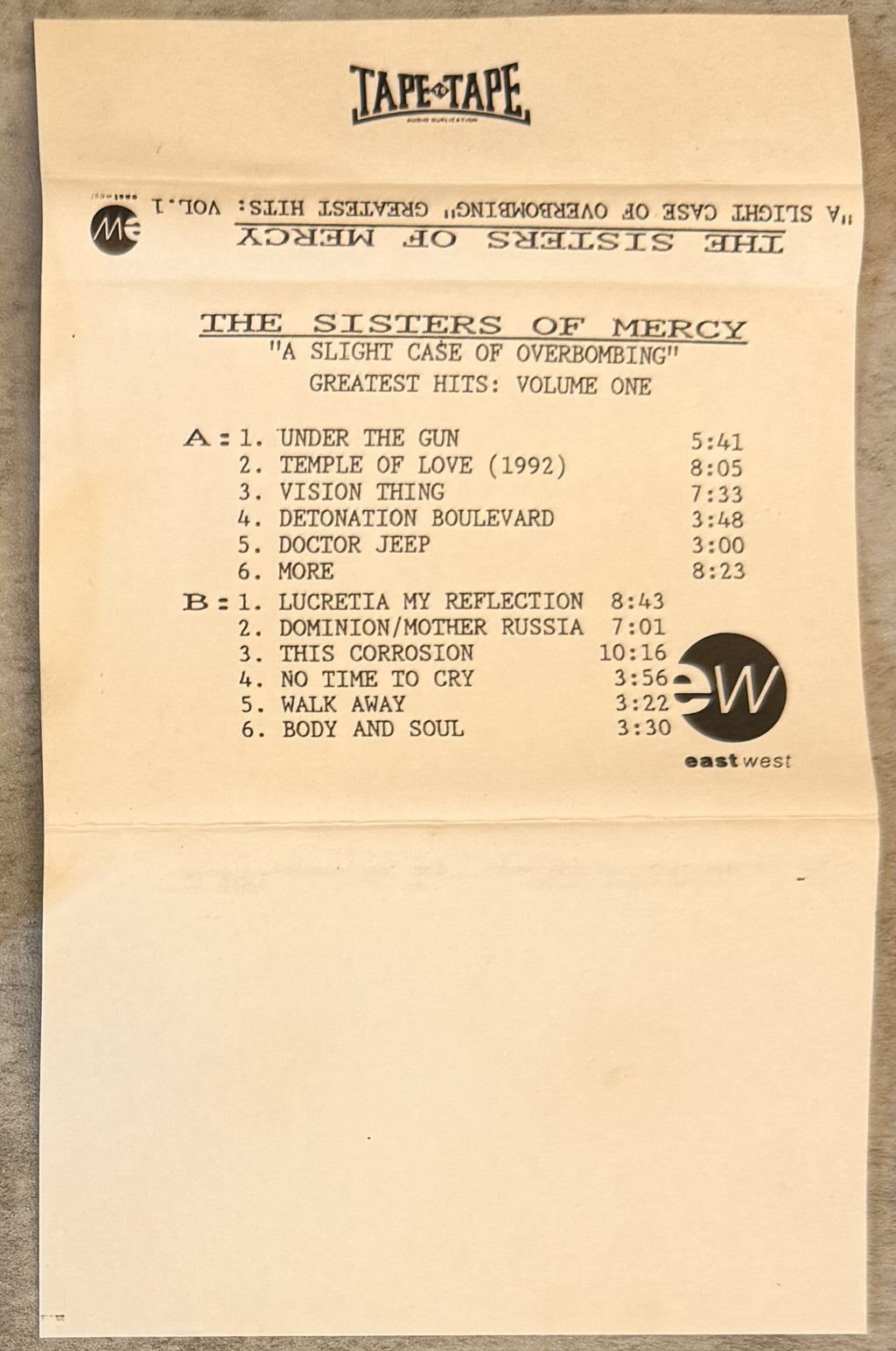Sisters of Mercy - 1993 UK ADVANCE cassette VG+ "A Slight Case of Overbombing"...
