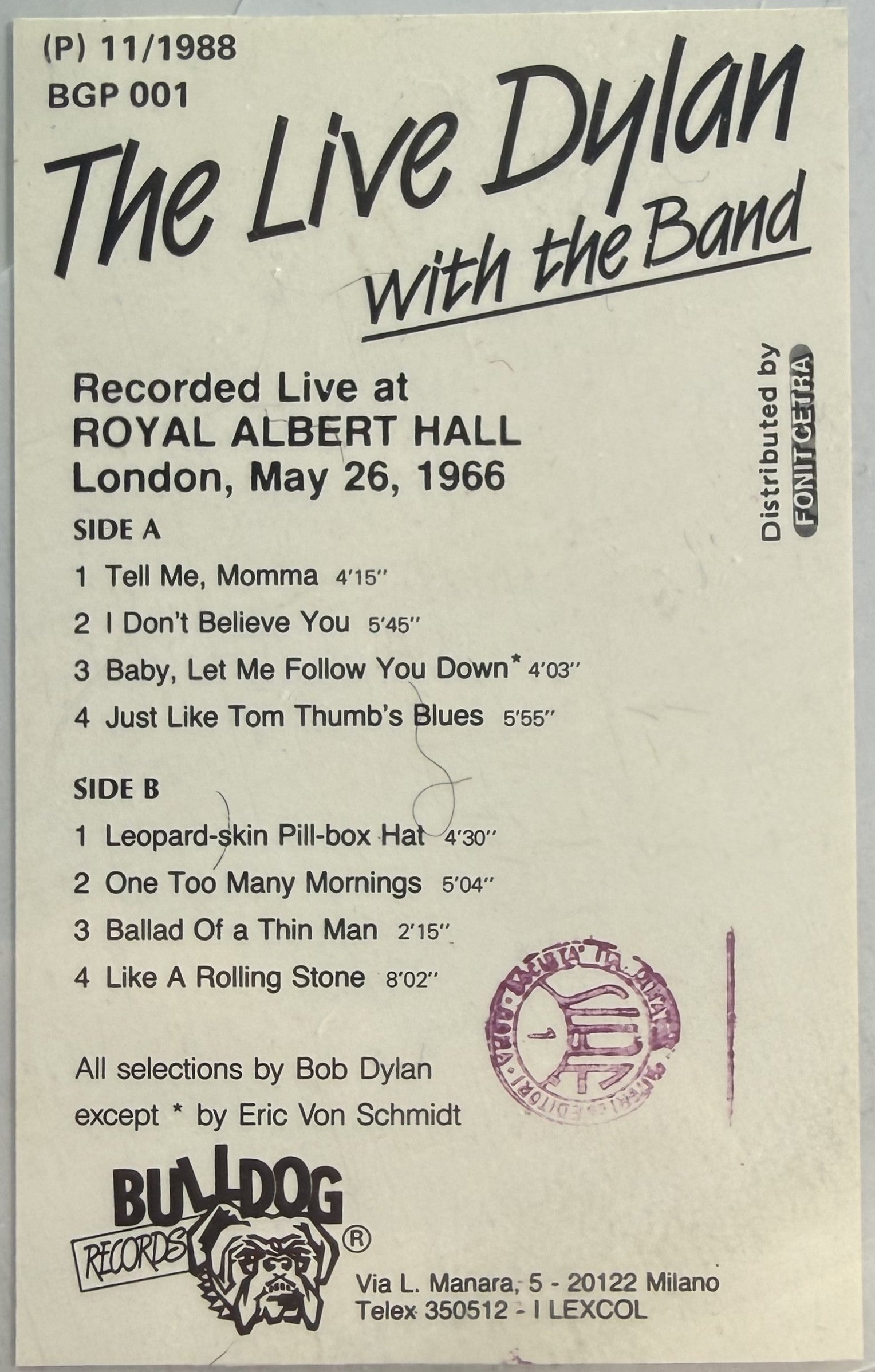 Bob Dylan w The Band Live Royal Albert Hall 1966 - Italy 1987 Pic Disc VG