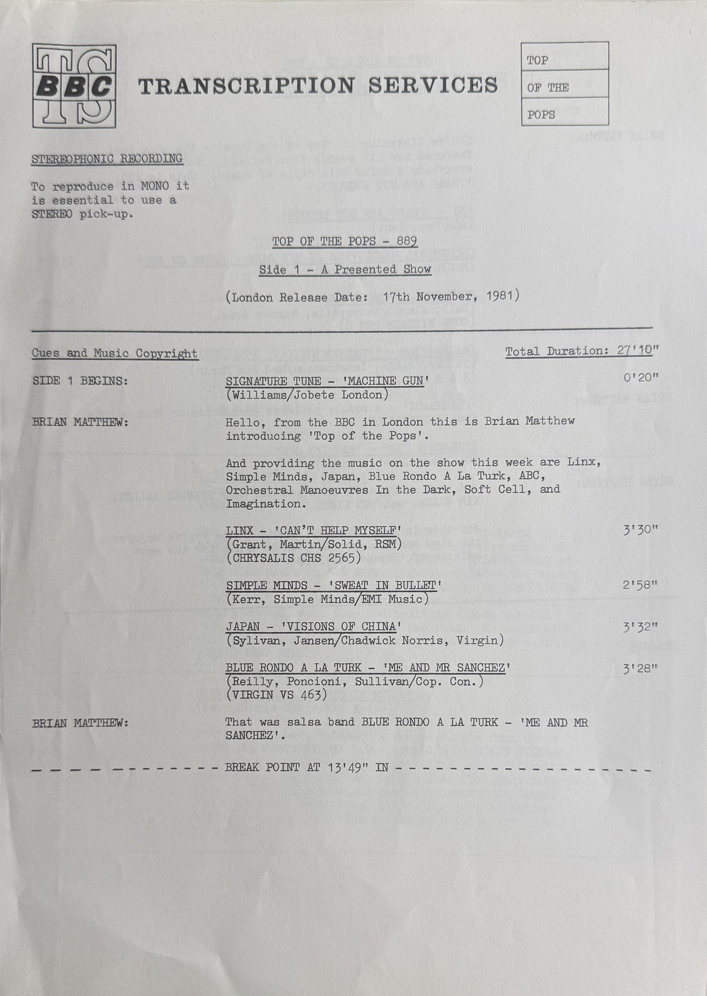 EXTRA RARE 1981 Top Of The Pops 889 (BBC Transcription Disc) VG+/VG OMD Simple Minds Soft Cell etc.