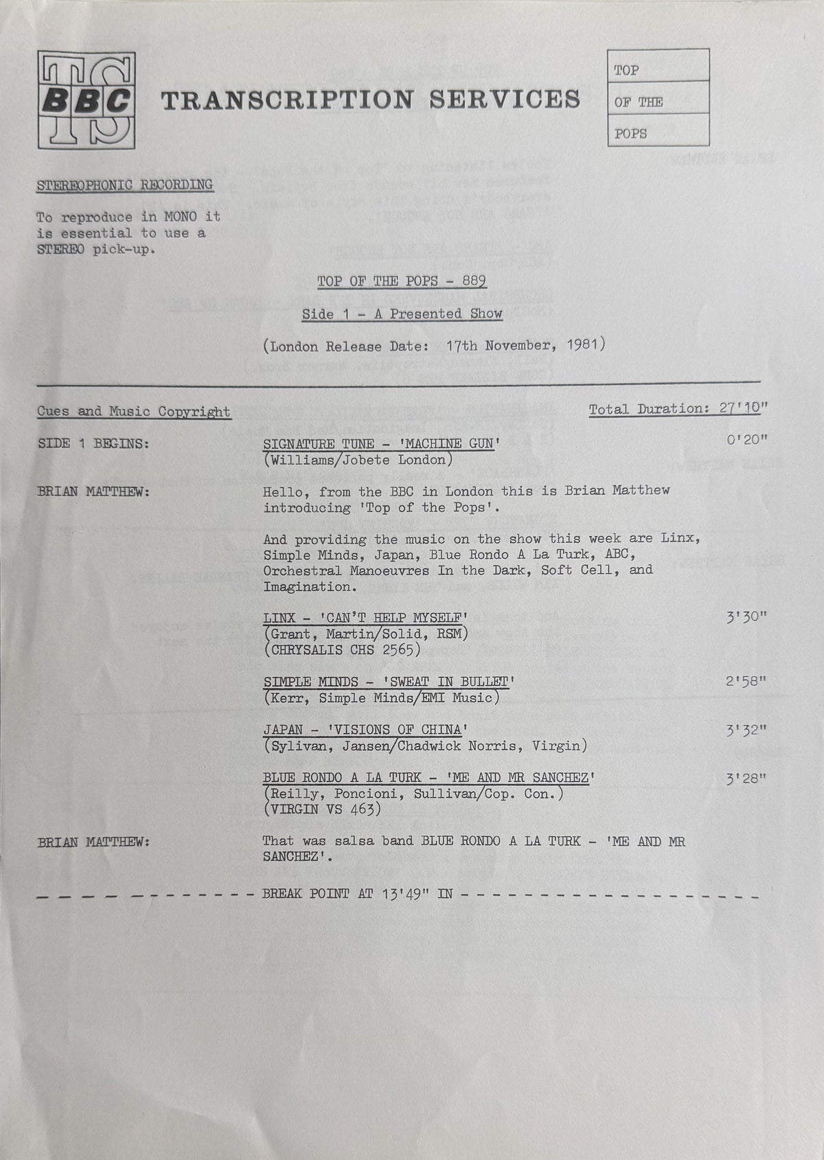 EXTRA RARE 1981 Top Of The Pops 889 (BBC Transcription Disc) VG+/VG OMD Simple Minds Soft Cell etc.
