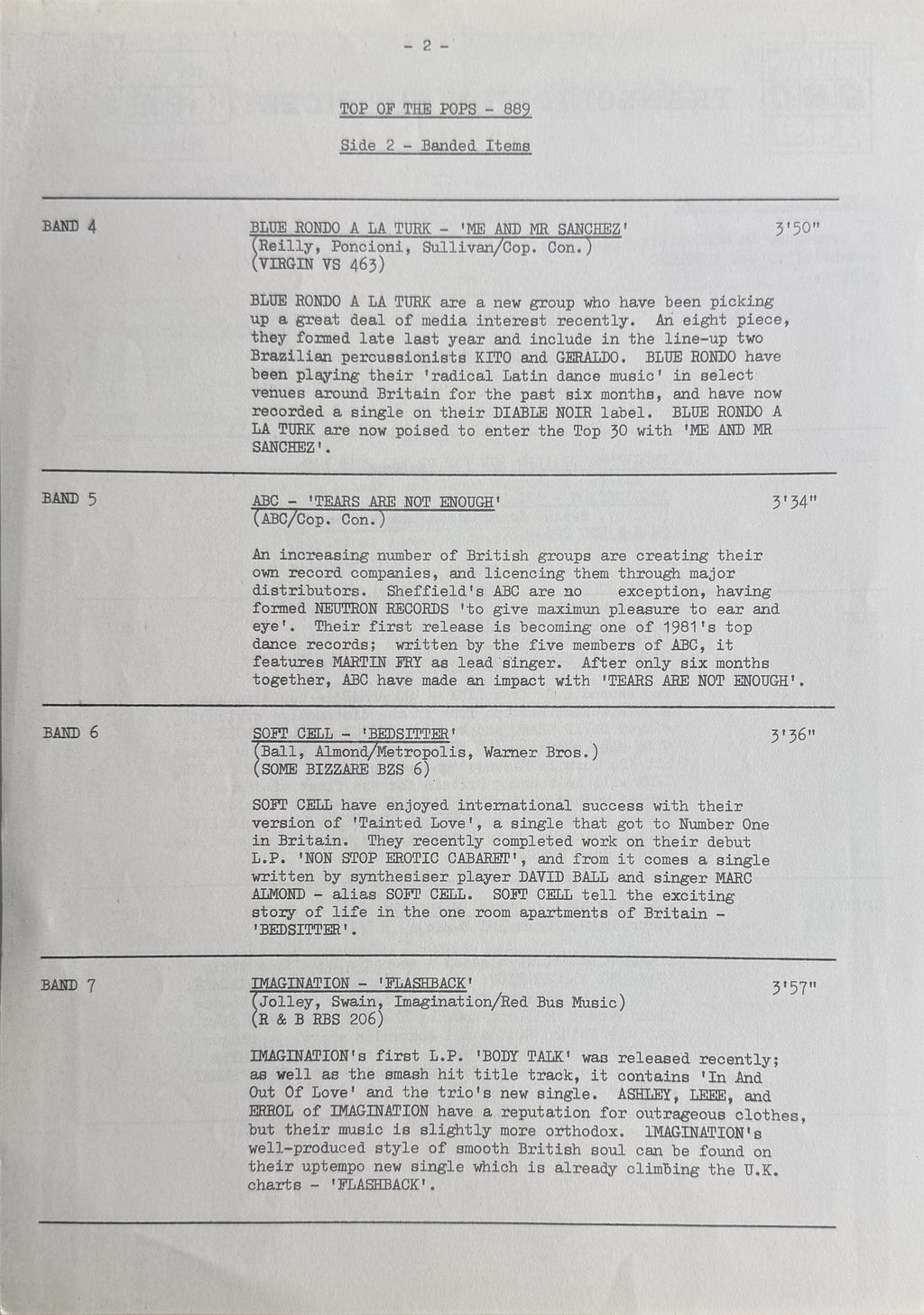EXTRA RARE 1981 Top Of The Pops 889 (BBC Transcription Disc) VG+/VG OMD Simple Minds Soft Cell etc.