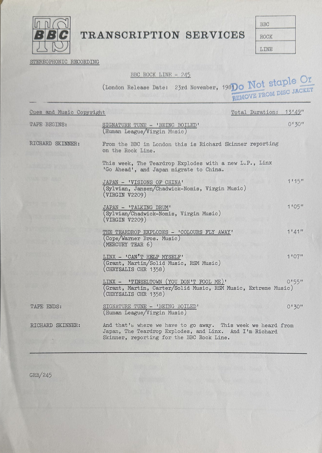 EXTRA RARE 1981 Top Of The Pops 889 (BBC Transcription Disc) VG+/VG OMD Simple Minds Soft Cell etc.