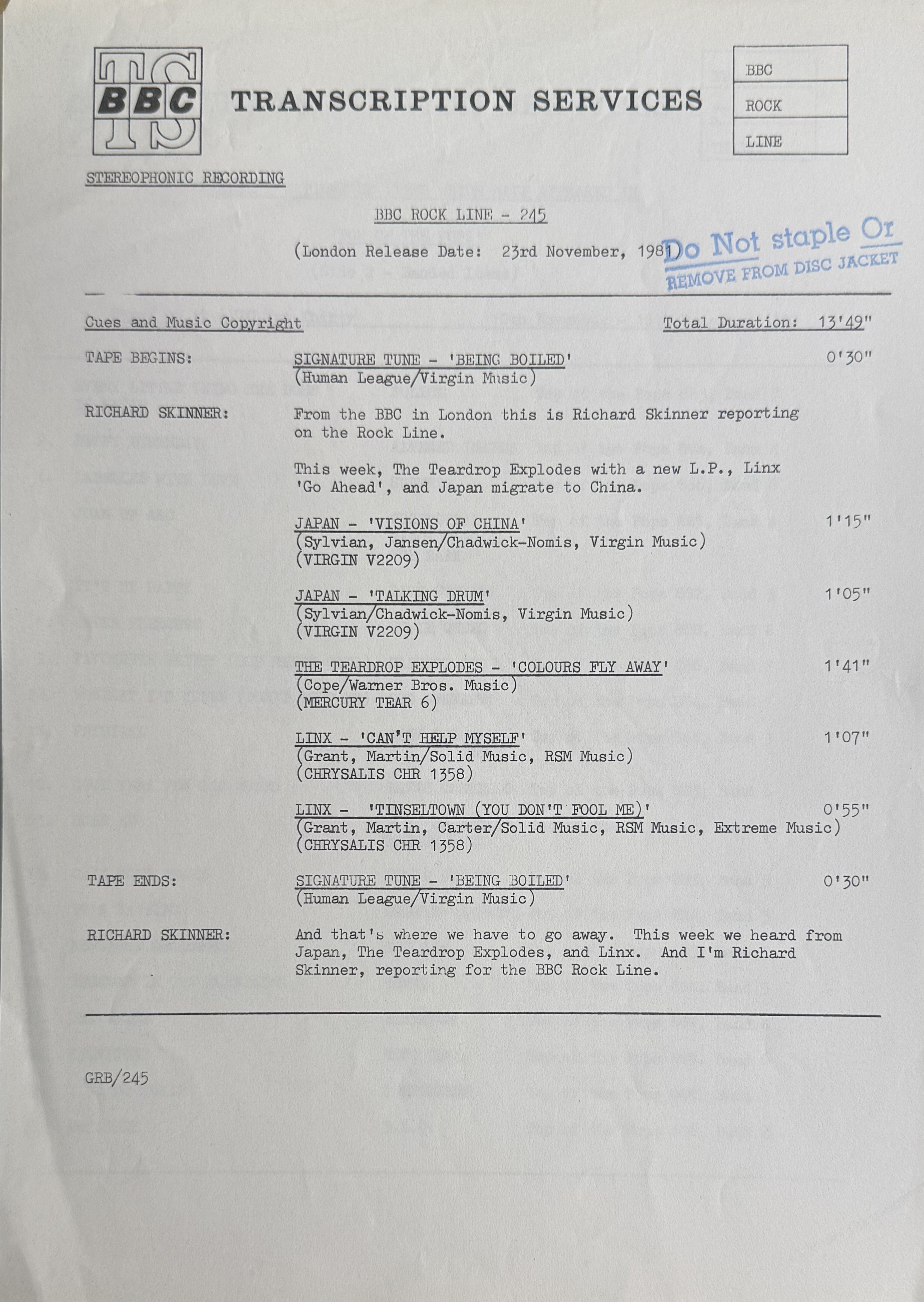 EXTRA RARE 1981 Top Of The Pops 889 (BBC Transcription Disc) VG+/VG OMD Simple Minds Soft Cell etc.