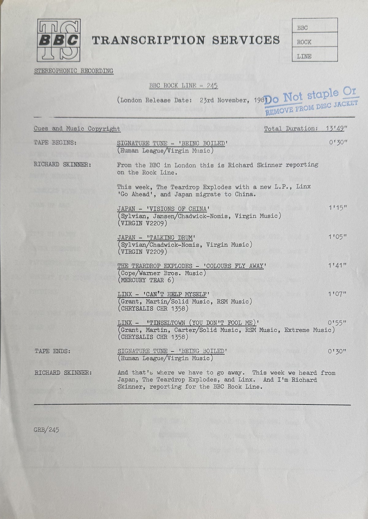 EXTRA RARE 1981 Top Of The Pops 889 (BBC Transcription Disc) VG+/VG OMD Simple Minds Soft Cell etc.