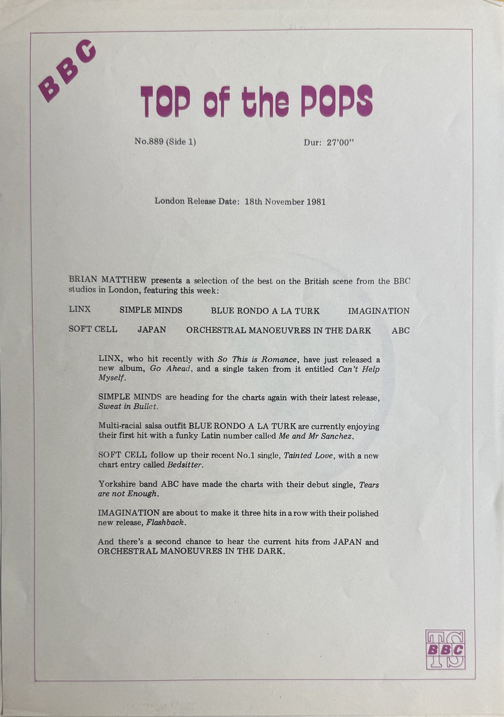 EXTRA RARE 1981 Top Of The Pops 889 (BBC Transcription Disc) VG+/VG OMD Simple Minds Soft Cell etc.