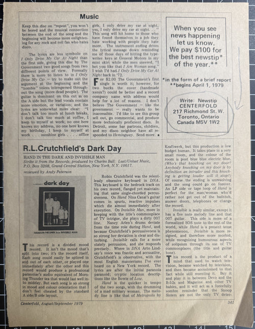 Centerfold Mag Aug/Sep 1979 p341-342 - Music Page clipping