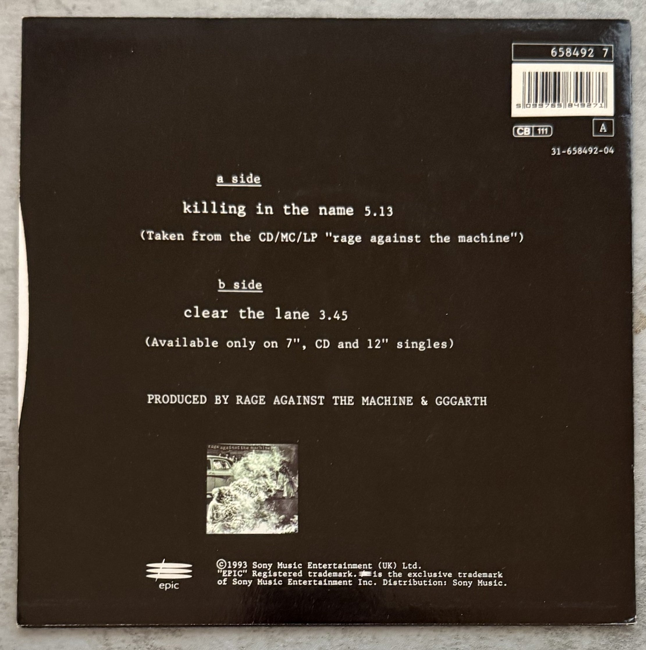 Rage Against The Machine -Killing In The Name -7" UK 1993 Marbled
