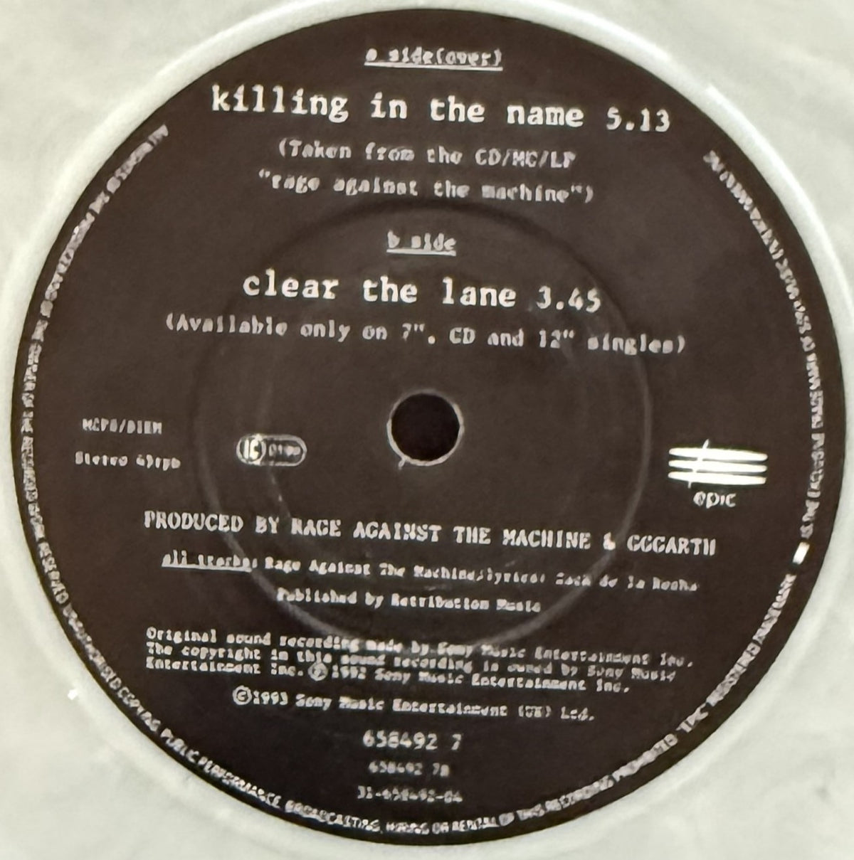 Rage Against The Machine -Killing In The Name -7" UK 1993 Marbled