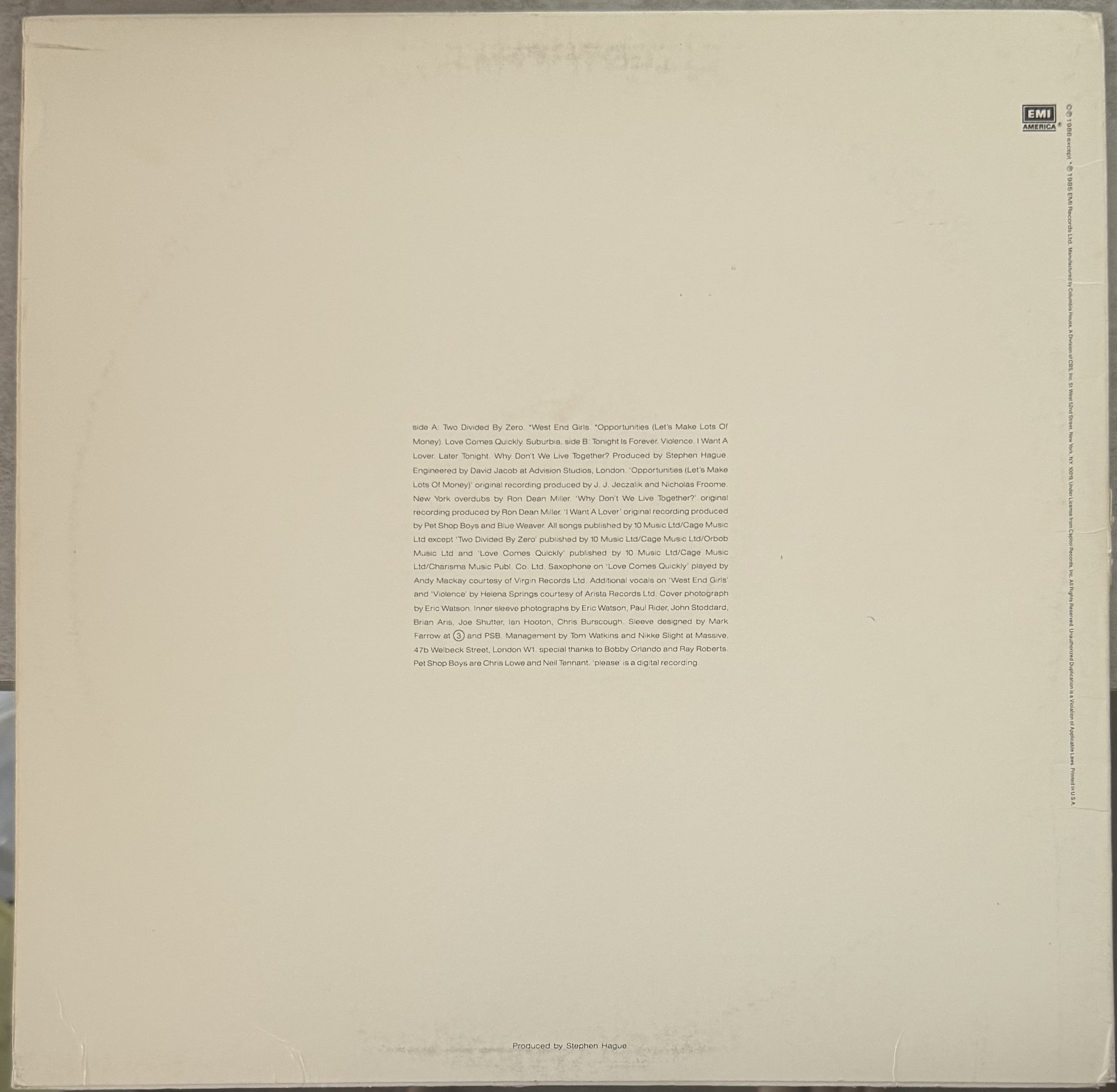 Pet Shop Boys - Please - 1986 EMI Club Edition - VG+/VG used vinyl
