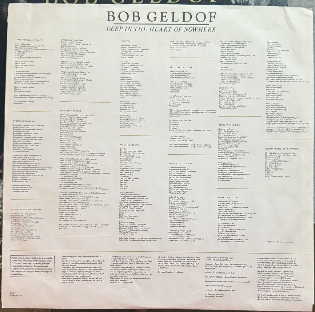 Bob Geldoff - Deep in the Heart of Nowhere - 1986 used vinyl VG+/VG+