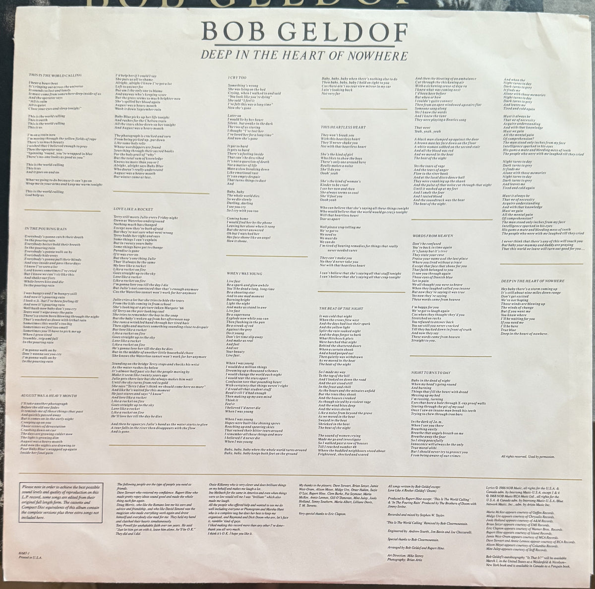 Bob Geldoff - Deep in the Heart of Nowhere - 1986 used vinyl VG+/VG+