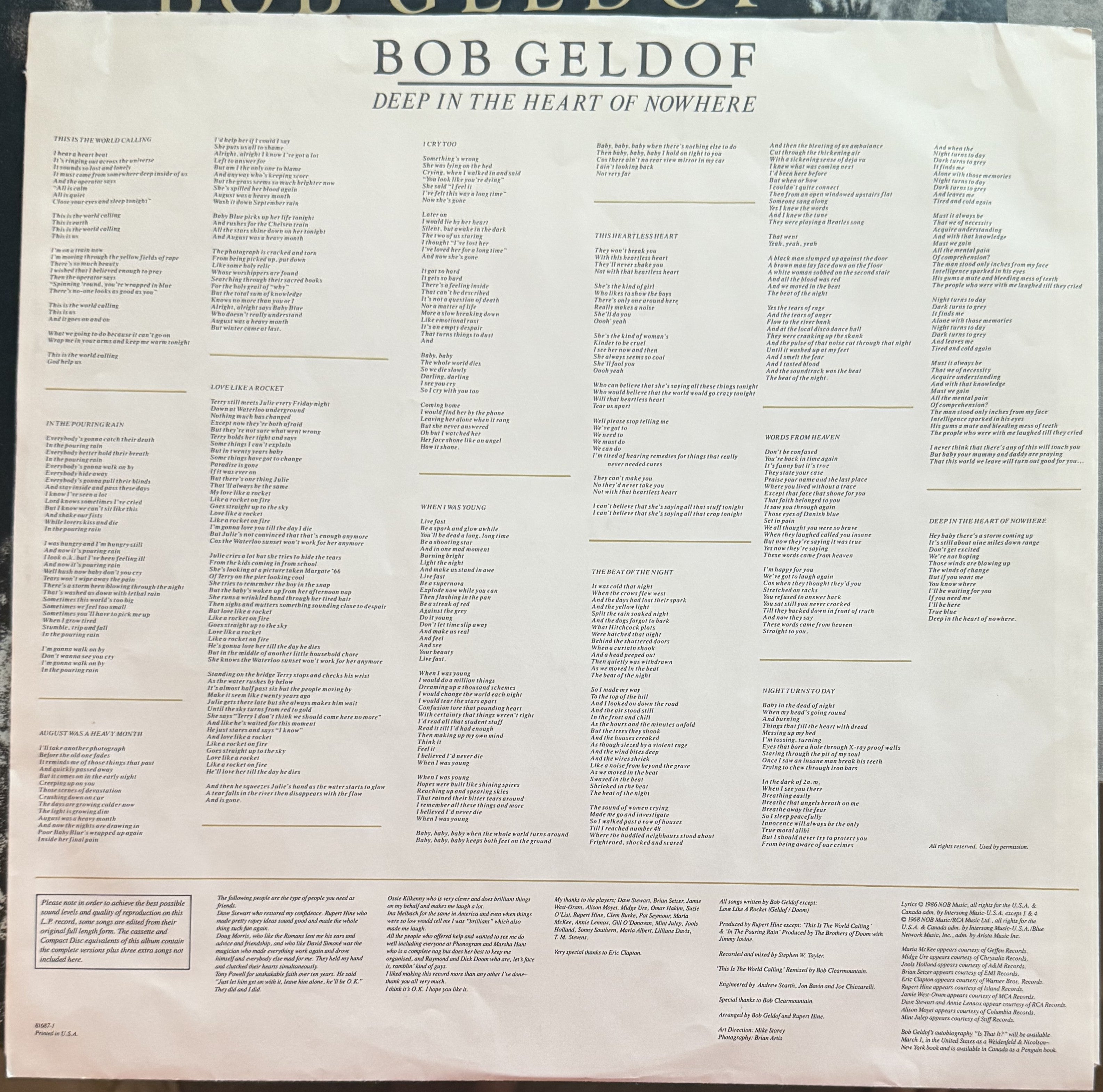 Bob Geldoff - Deep in the Heart of Nowhere - 1986 used vinyl VG+/VG+