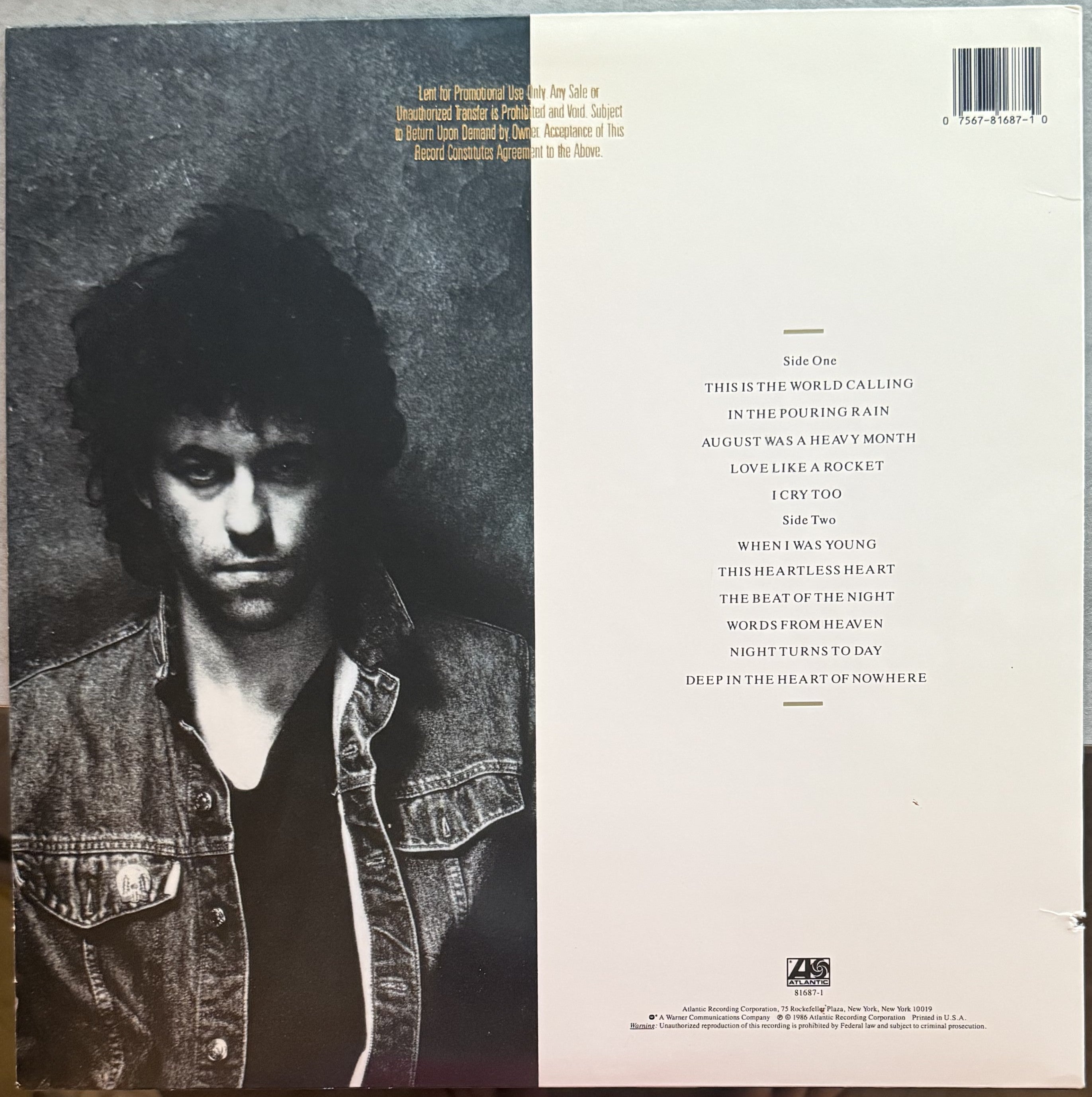 PROMO COPY Bob Geldoff - Deep in the Heart of Nowhere - 1986 used vinyl VG+/VG+
