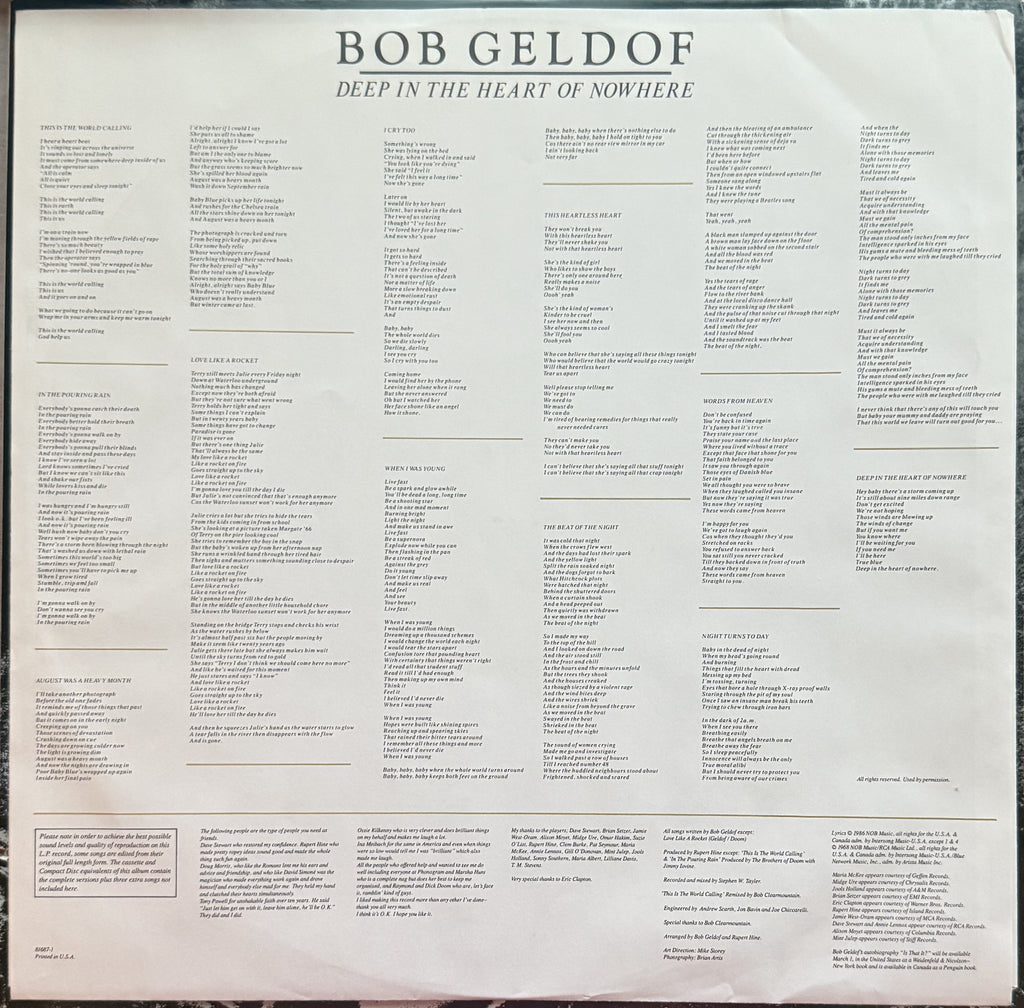 PROMO COPY Bob Geldoff - Deep in the Heart of Nowhere - 1986 used vinyl VG+/VG+