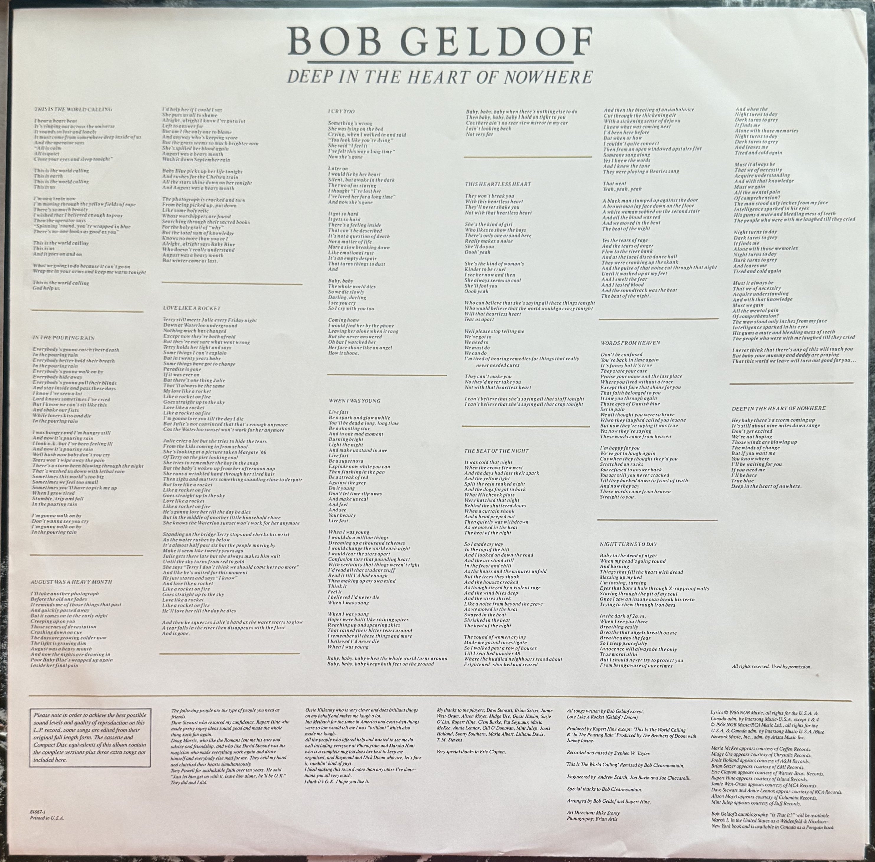 PROMO COPY Bob Geldoff - Deep in the Heart of Nowhere - 1986 used vinyl VG+/VG+