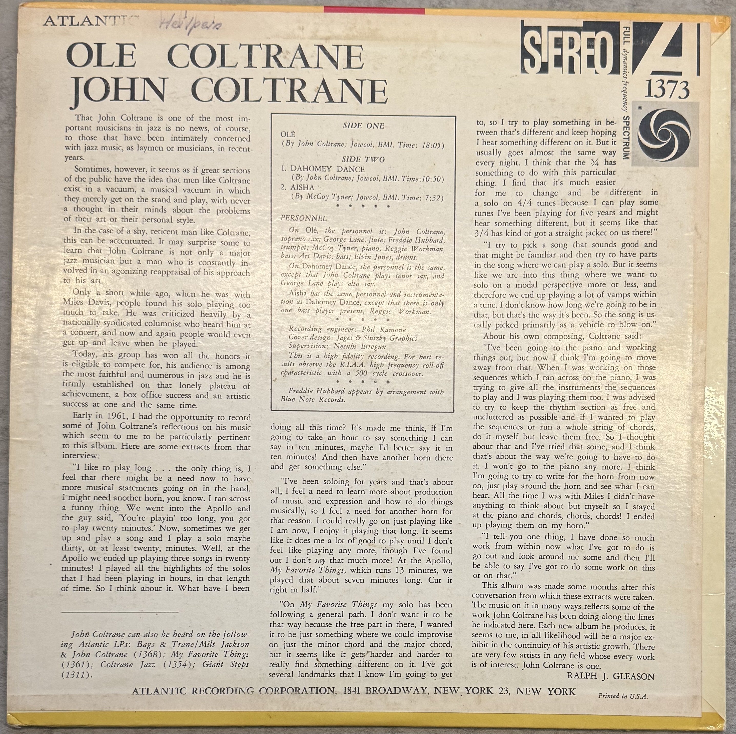 John Coltrane - Ole Coltrane - G+/VG vinyl, VG/VG+ sleeve - late 60s, early 70s