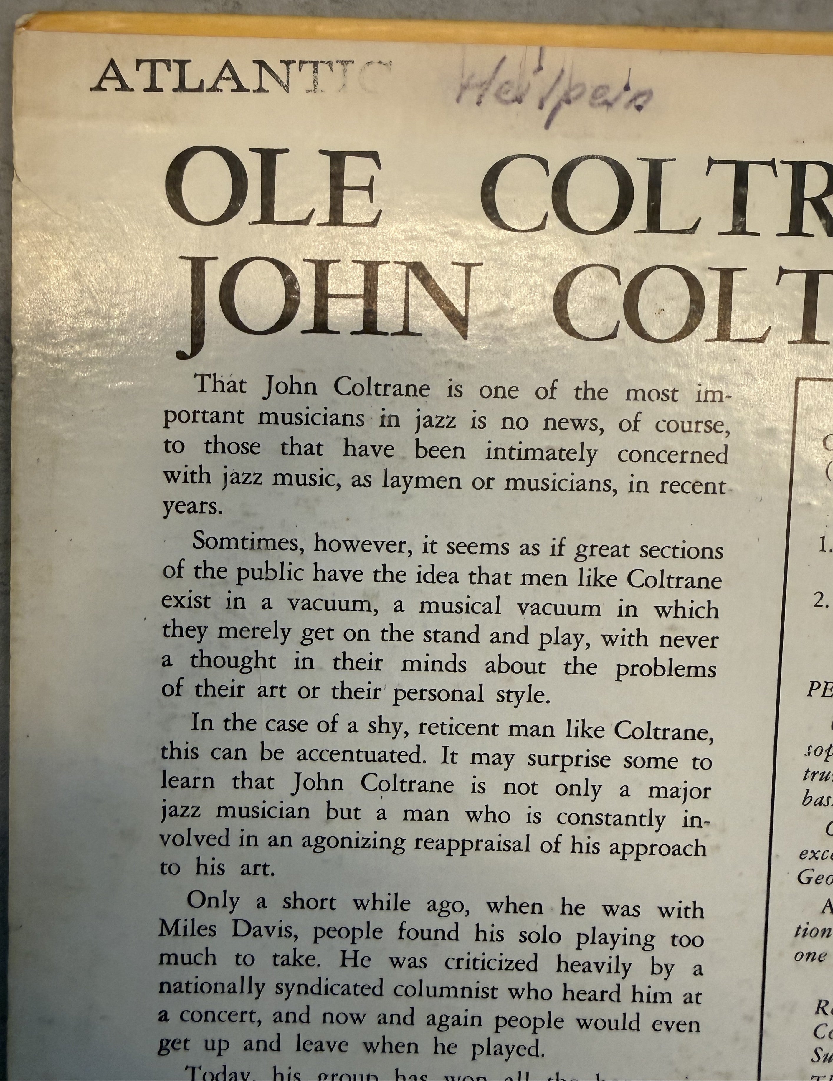 John Coltrane - Ole Coltrane - G+/VG vinyl, VG/VG+ sleeve - late 60s, early 70s