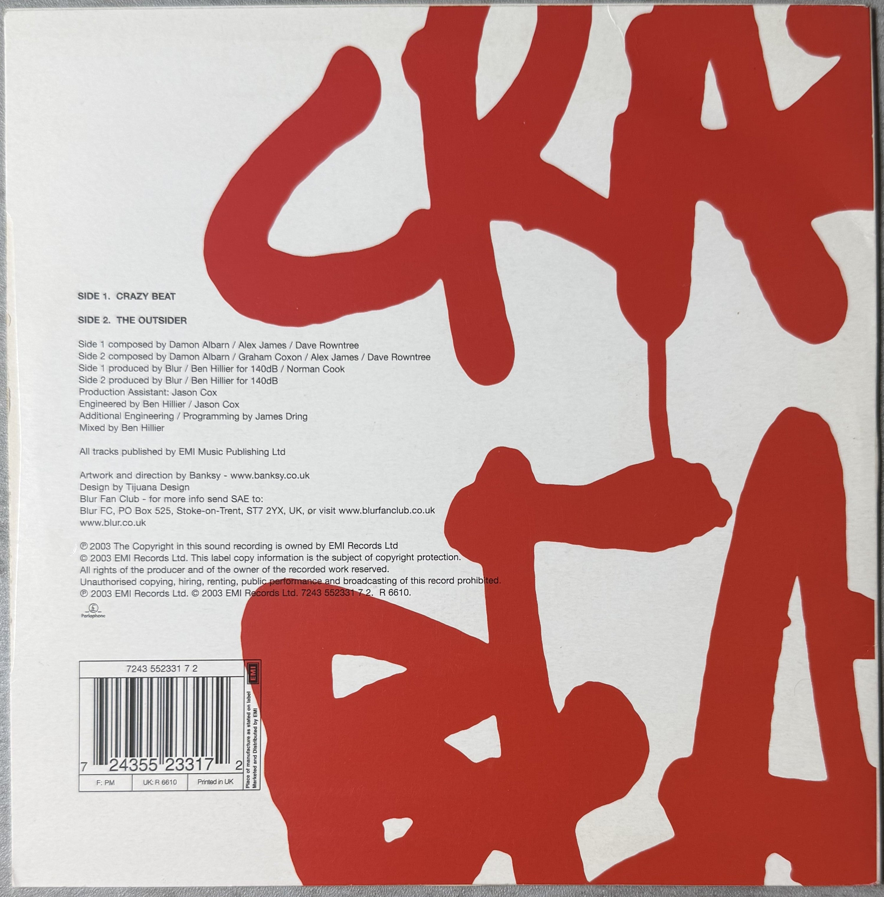 RARE Blur - Crazy Beat 2003 UK 1st Press 7" Single Red Vinyl VG+/VG+ Banksy art!