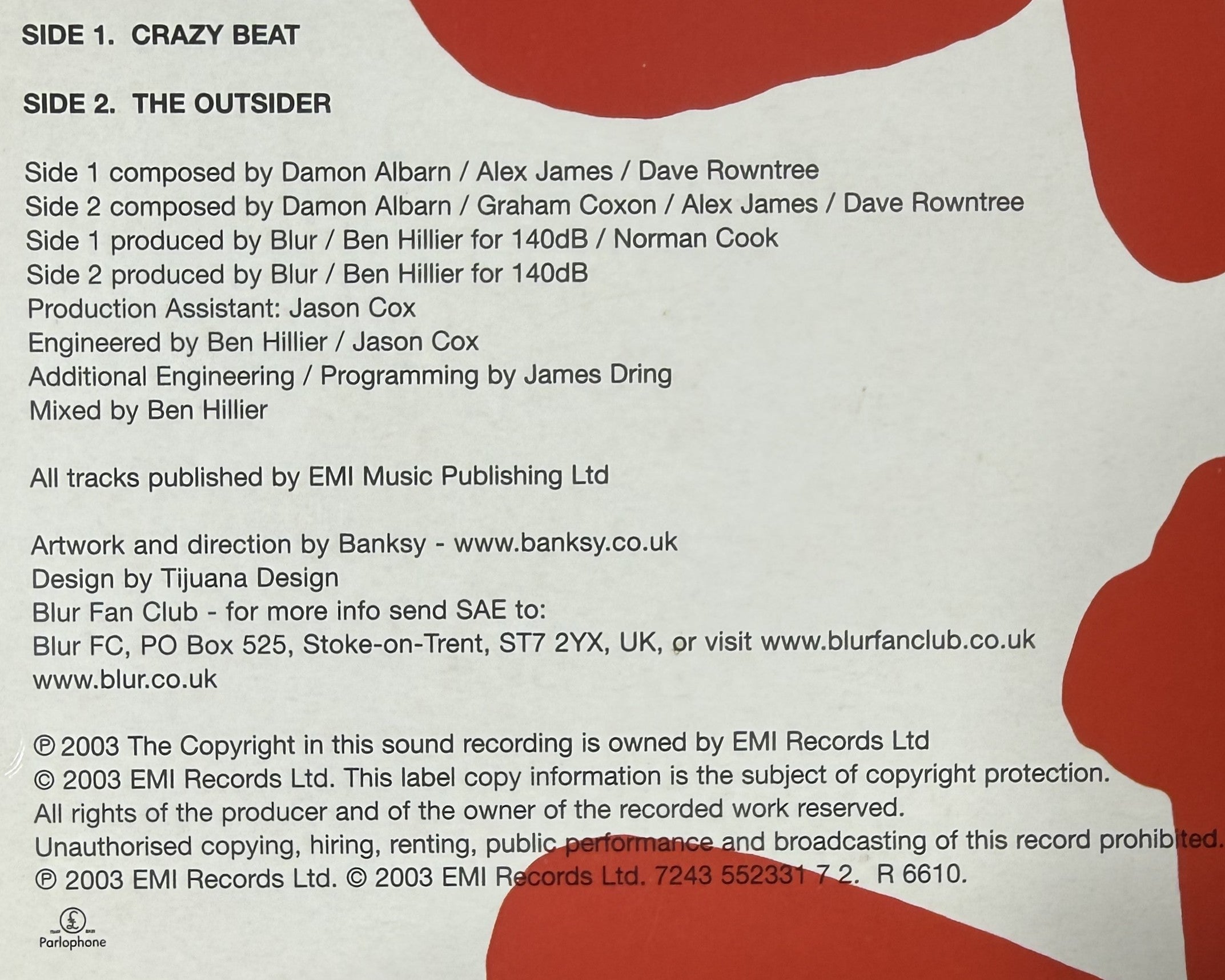 RARE Blur - Crazy Beat 2003 UK 1st Press 7" Single Red Vinyl VG+/VG+ Banksy art!