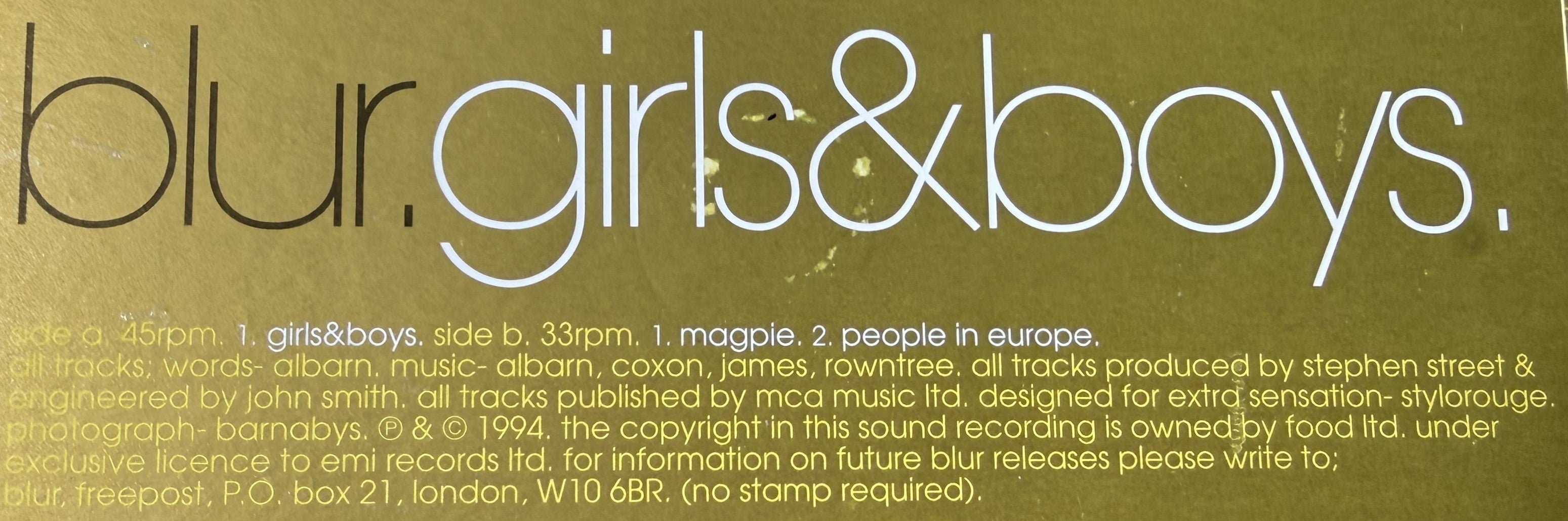 BLUR - Girls & Boys -1994 UK 1st Press, Limited Edition, Numbered Strong VG+/VG+