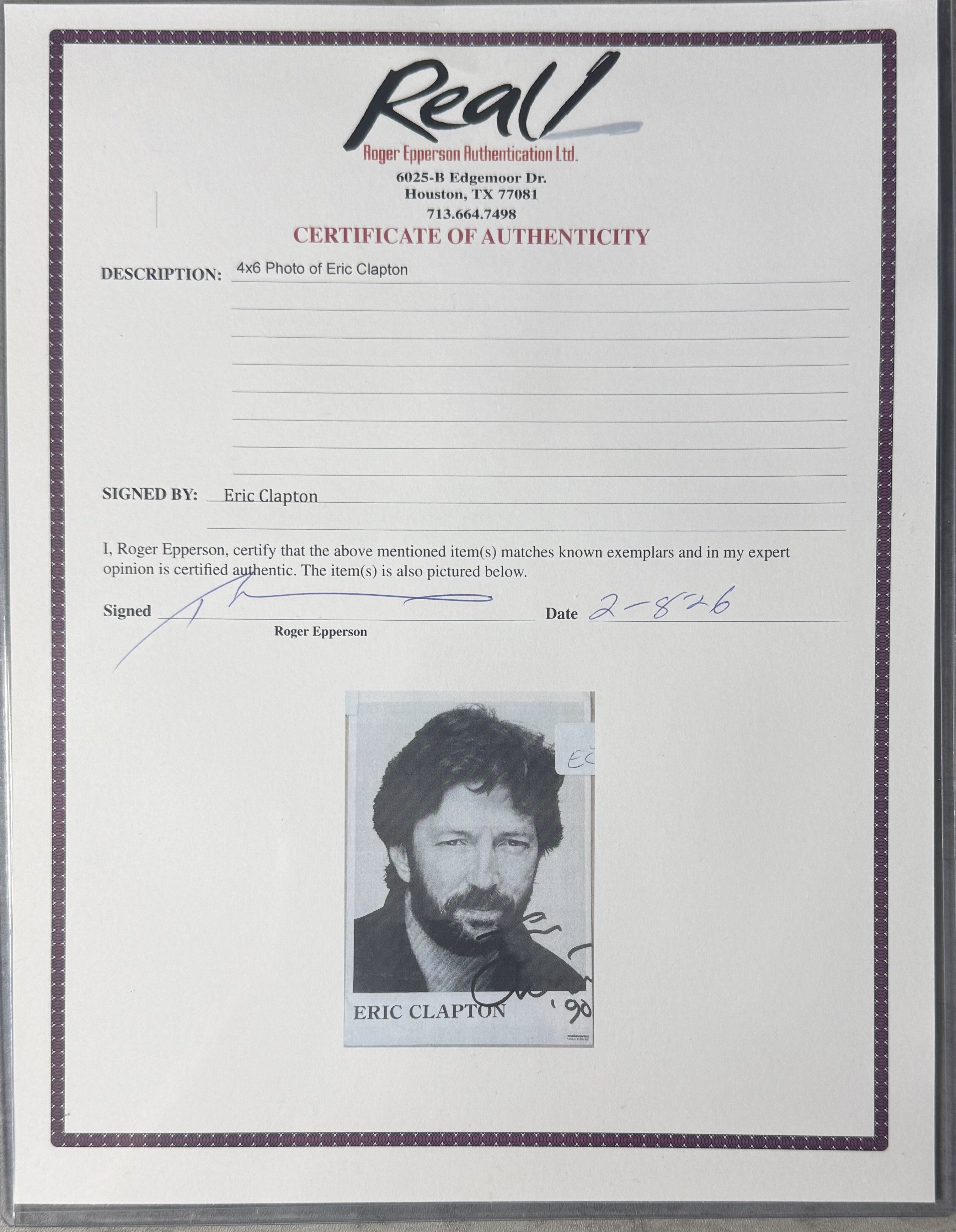 Eric Clapton autographed picture (14.5x10cm) - with COA