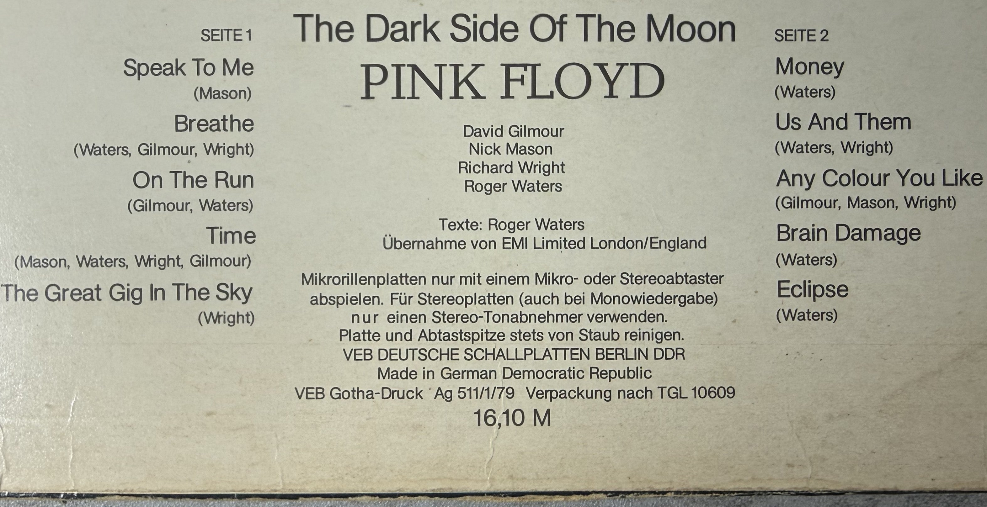 **East German** Pink Floyd - The Dark Side Of The Moon 1979 VG/VG
