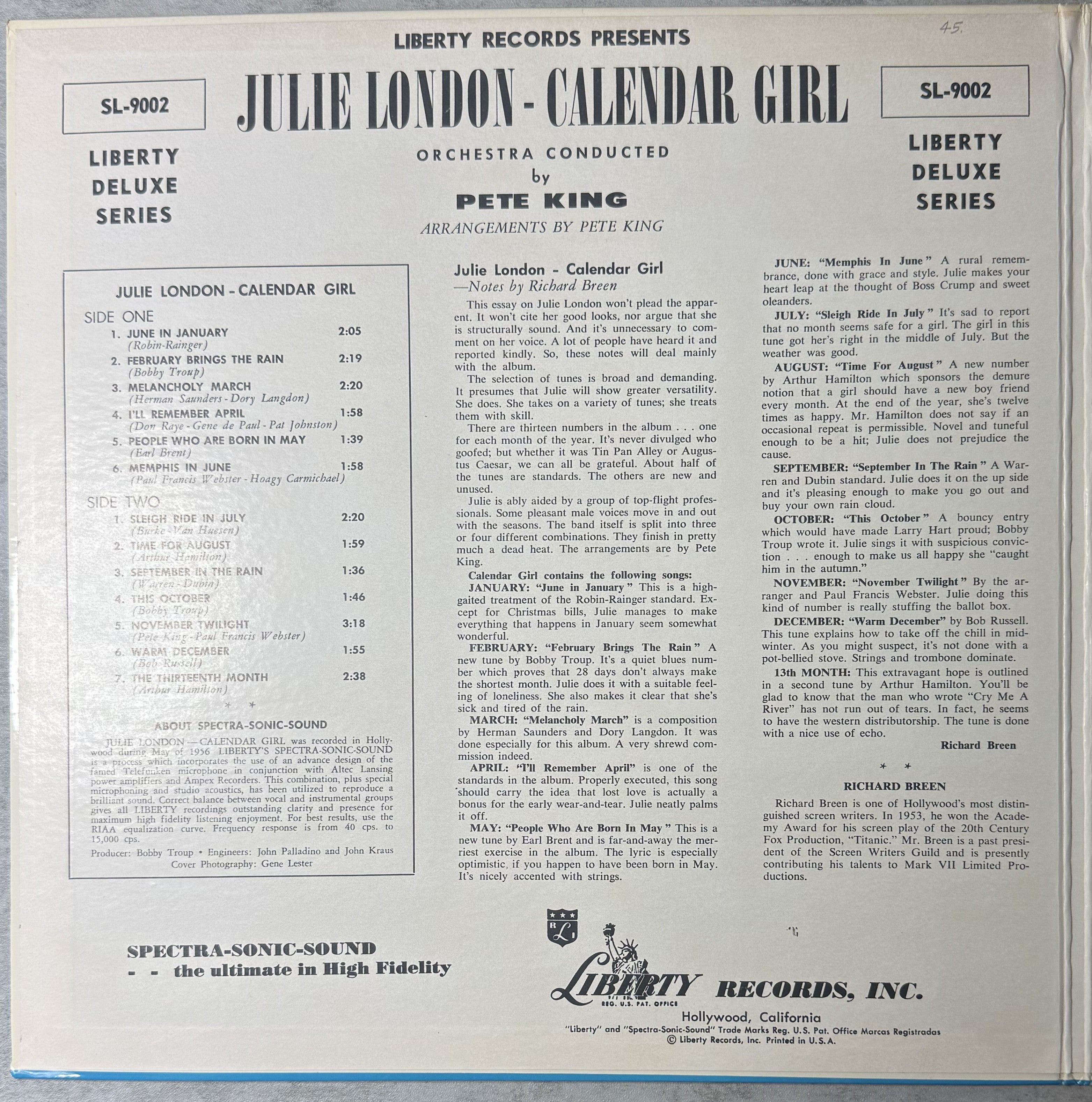 AUTOGRAPHED Julie London - Calendar Girl 1956 US 1st Press VG+/VG+