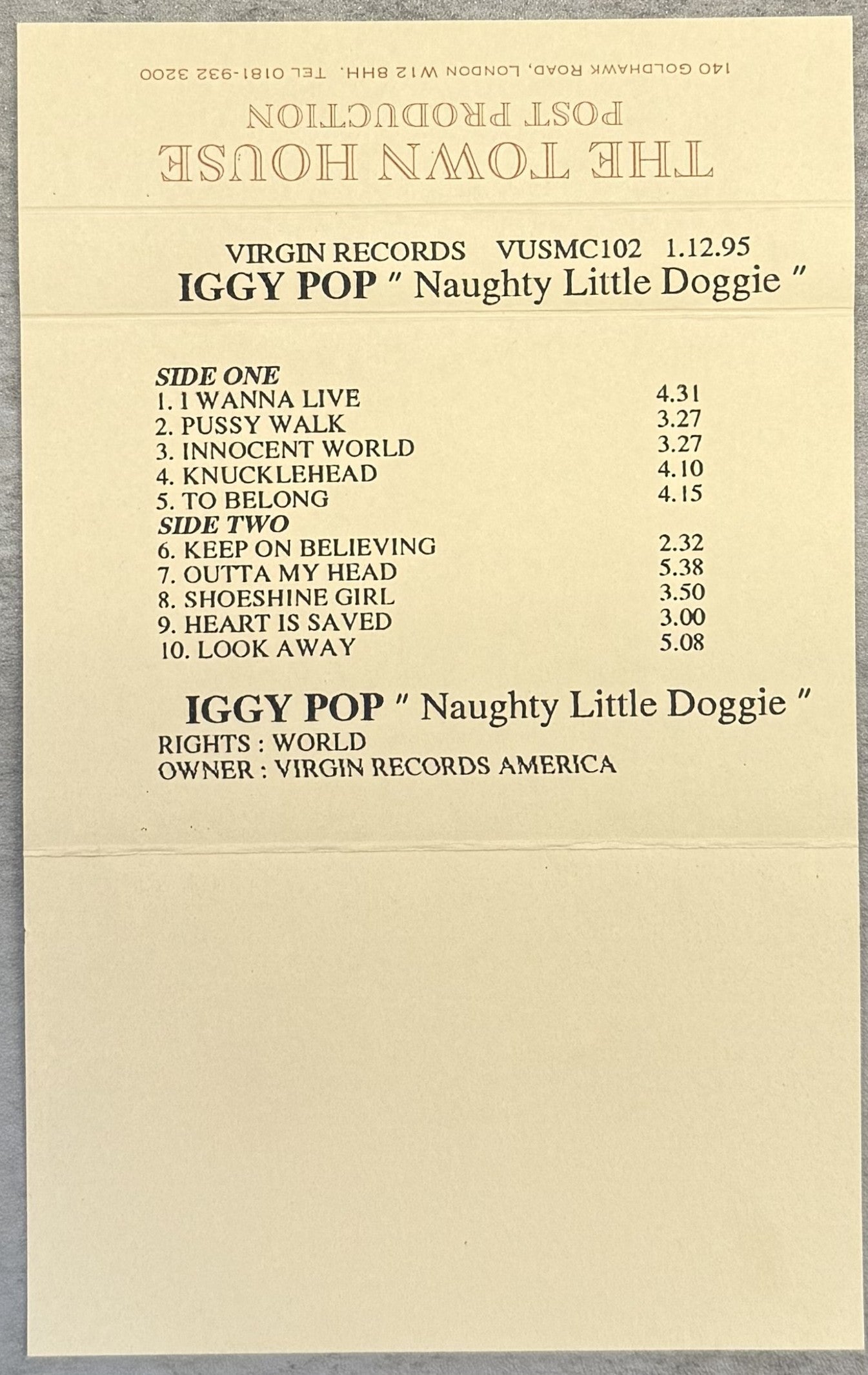 Iggy Pop - Naughty Little Doggie Post-Production Advance/Promo Cassette 1995 UK VG+