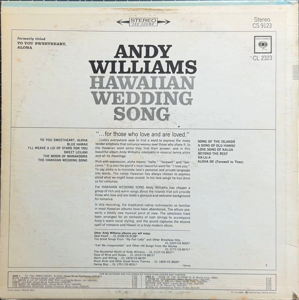 Andy Williams Hawaiian Wedding Song 1965 US Reissue VG/VG+