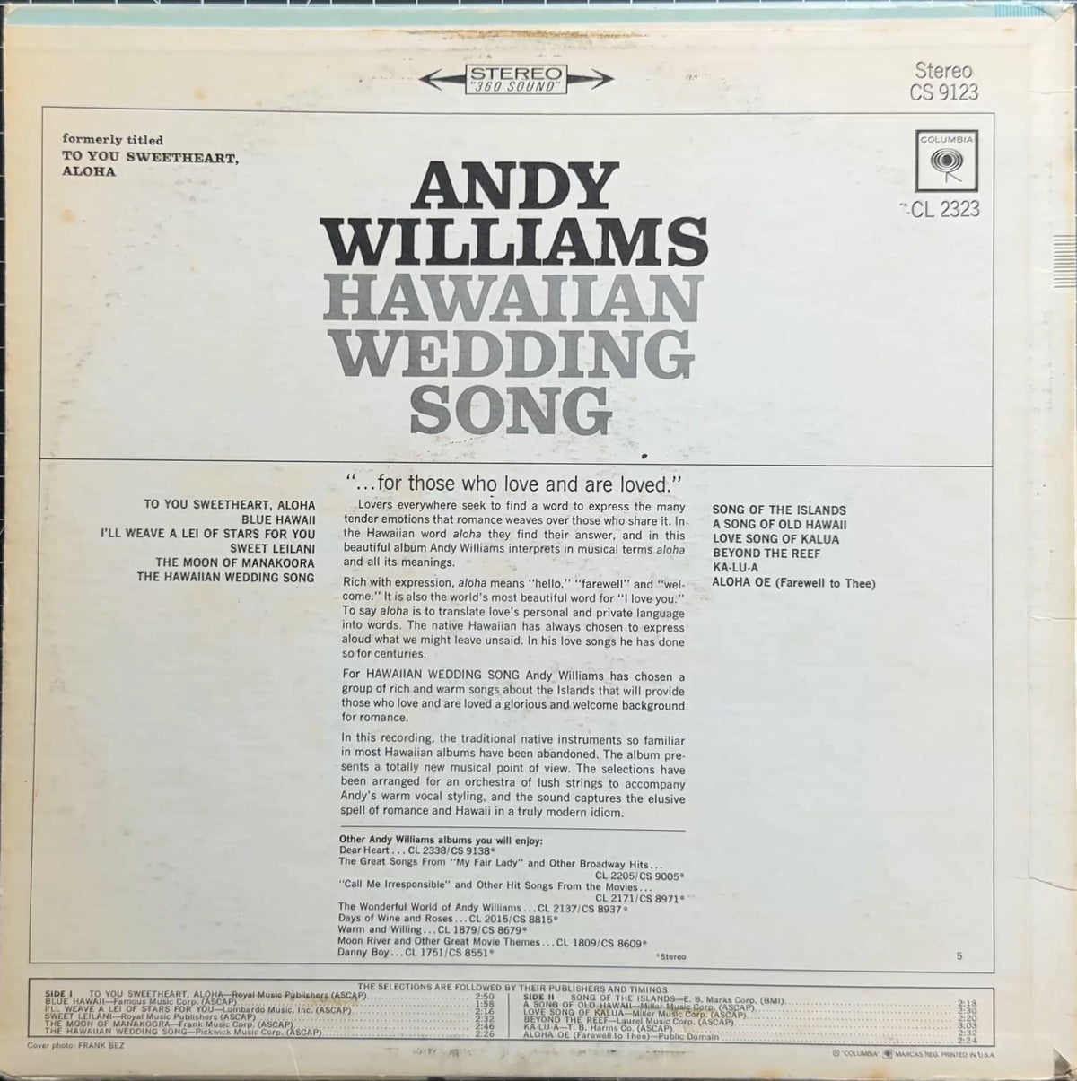 Andy Williams Hawaiian Wedding Song 1965 US Reissue VG/VG+
