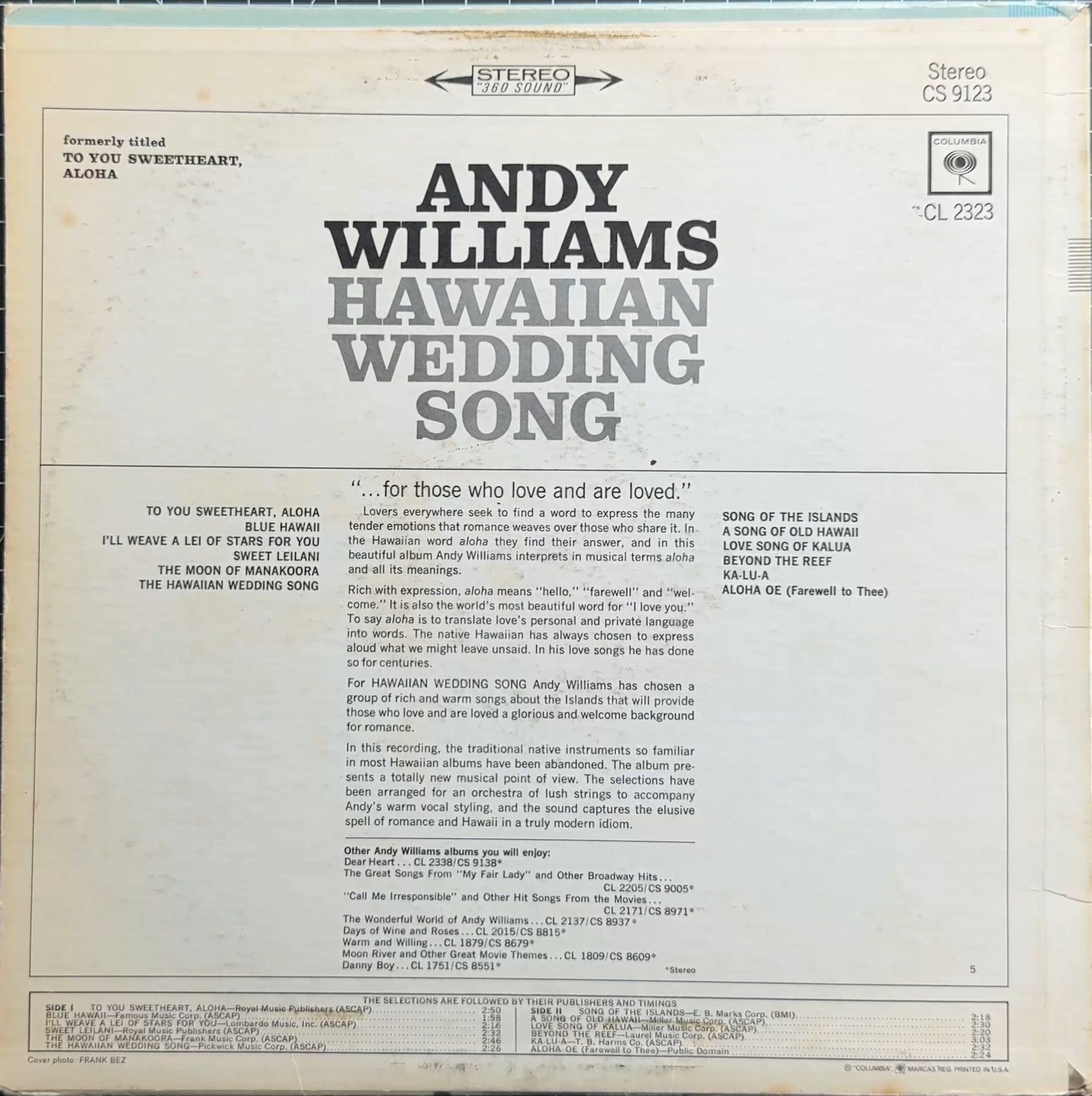 Andy Williams Hawaiian Wedding Song 1965 US Reissue VG/VG+