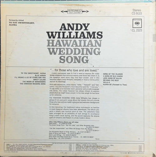 Andy Williams Hawaiian Wedding Song 1965 US Reissue VG/VG+