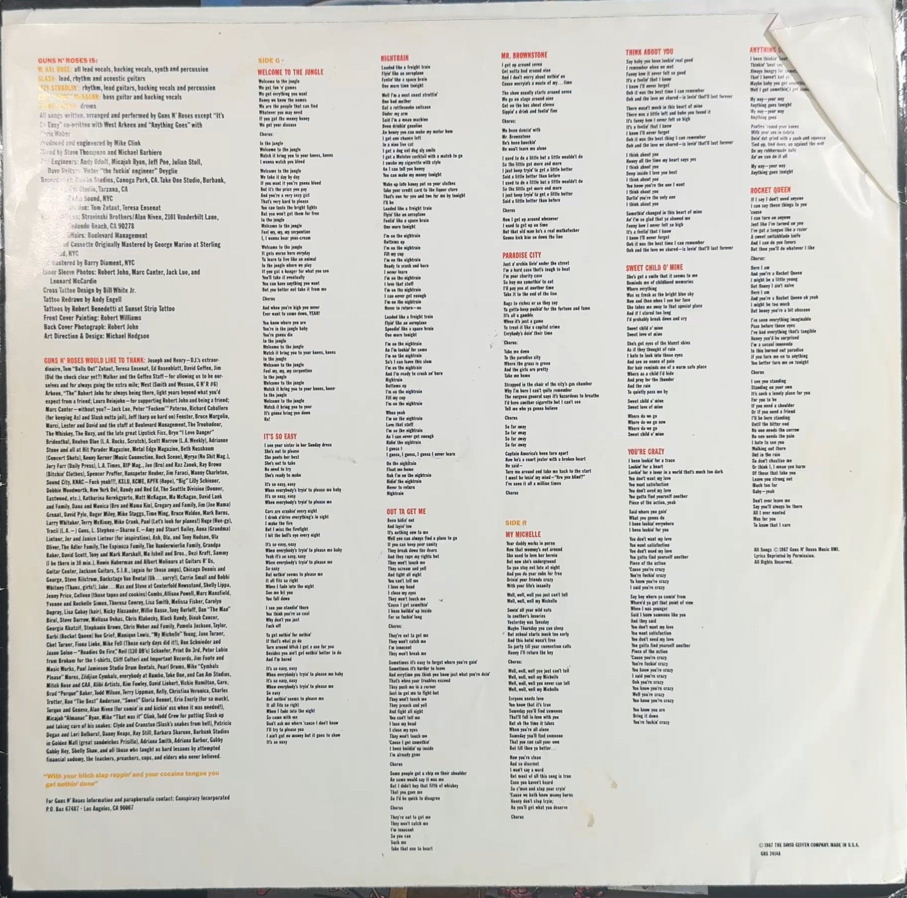 PROMO Guns N' Roses Appetite For Destruction 1st Press 1987 US
