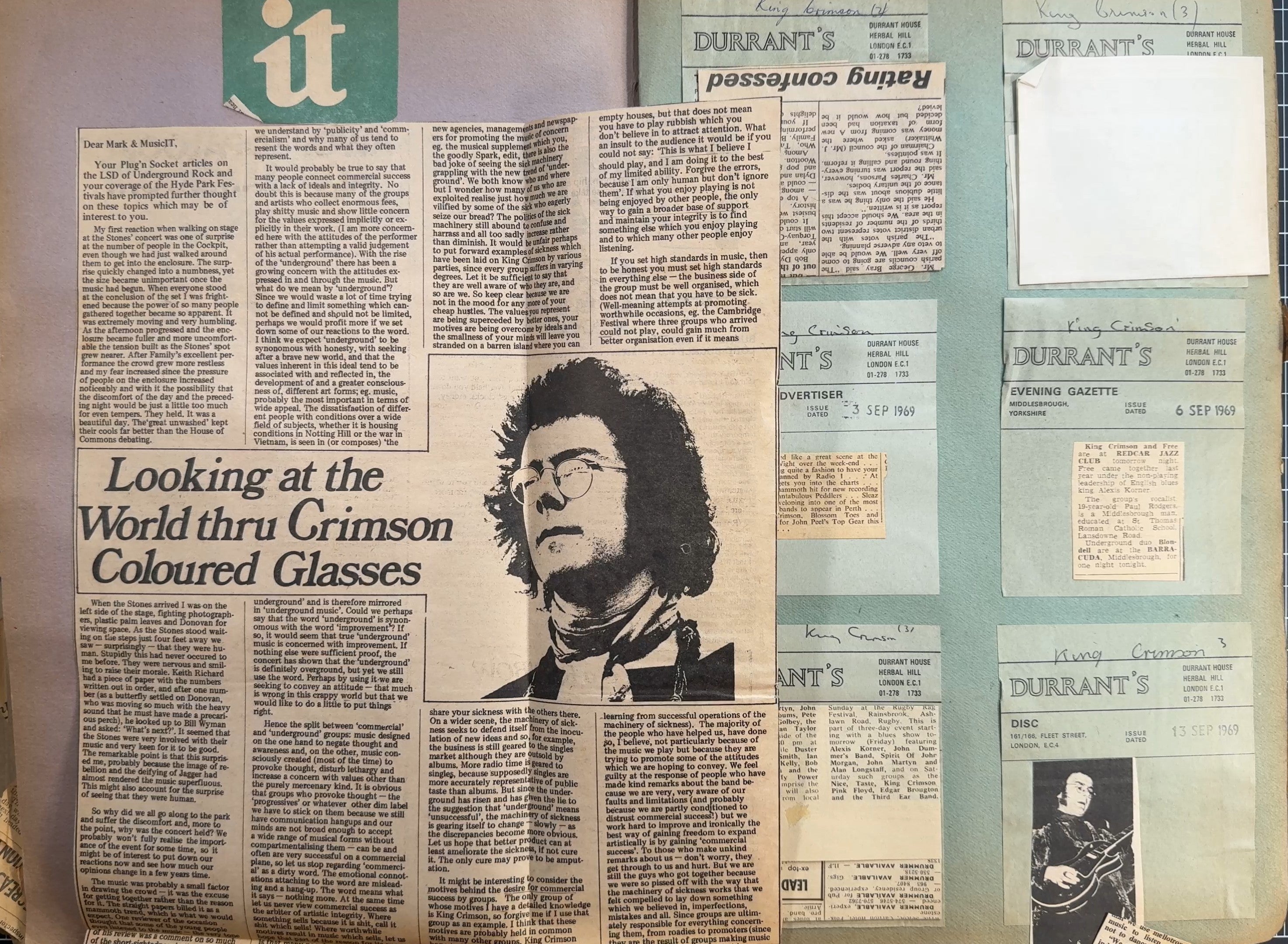 King Crimson Collector Pack! 1969 UK A2/B3 1st Press VG/VG + Scrapbook/Photo