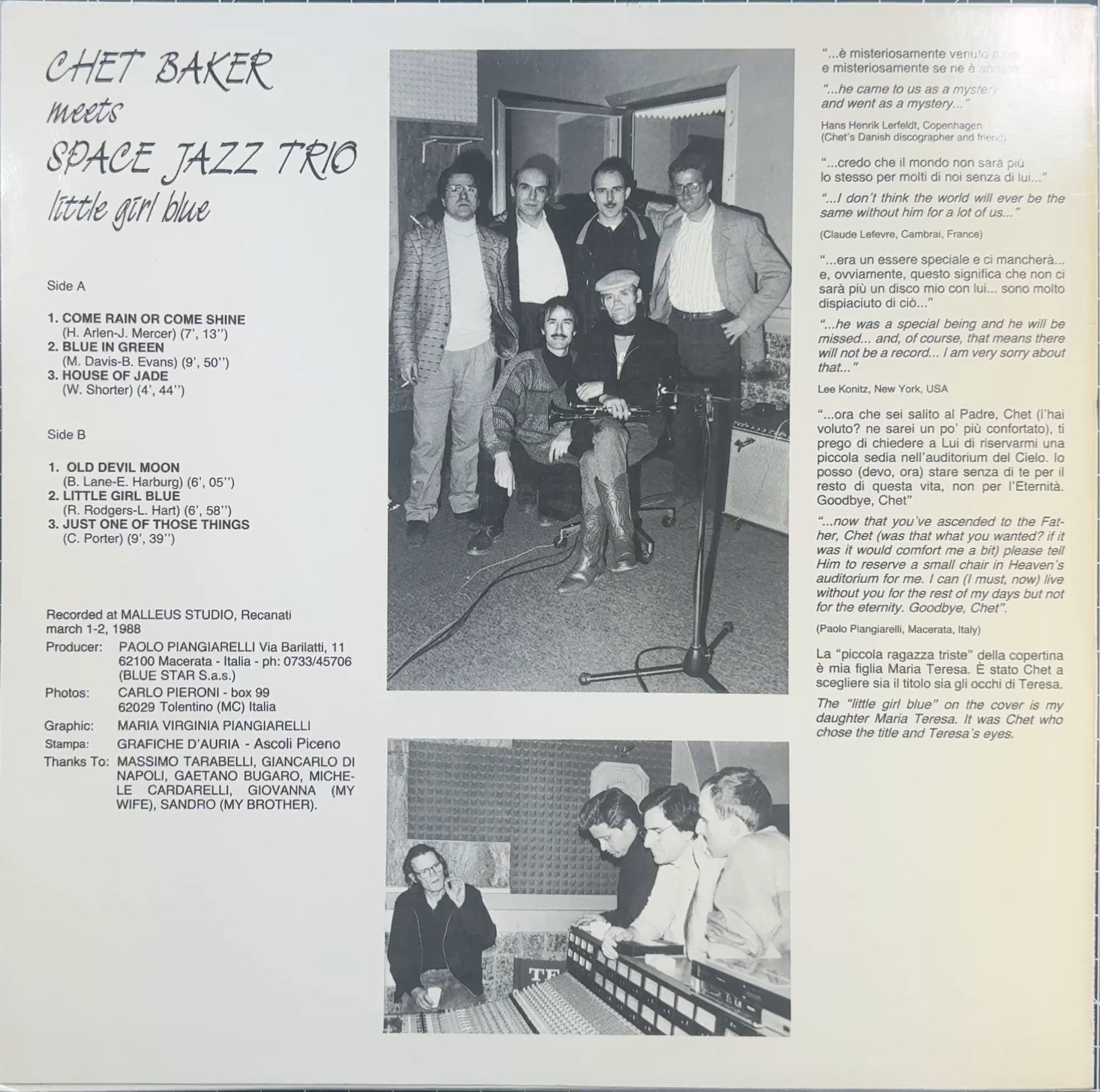 Chet Baker meets Space Jazz Trio - Little Girl Blue 1988 Italy Original VG+/VG+