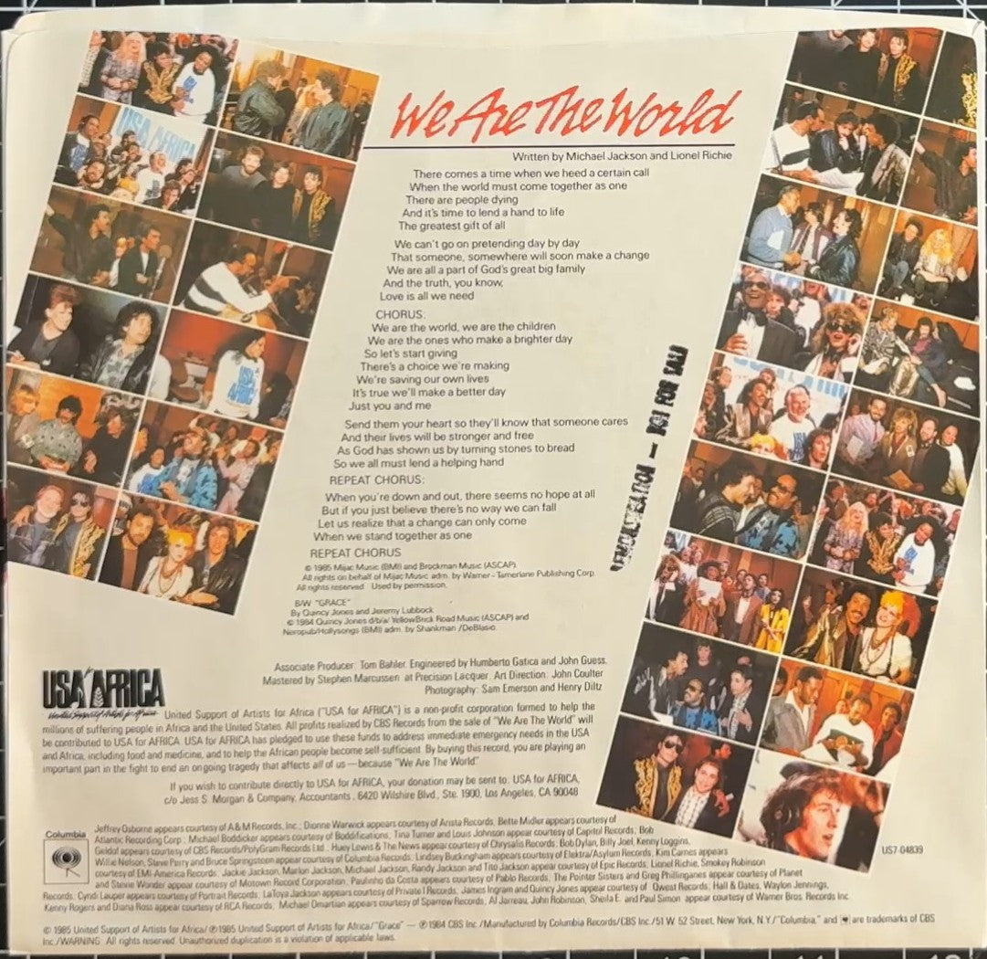 USA For Africa - We Are The World PROMO 7" 1985 VG+