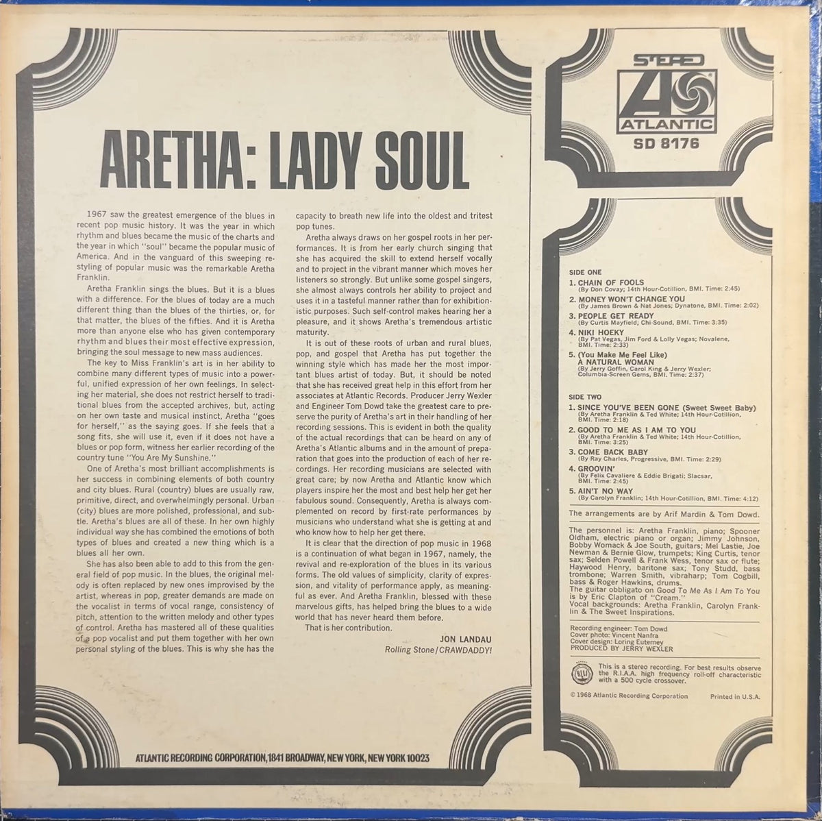Aretha Franklin Lady Soul 1968 US 1st Press Stereo VG+/VG+
