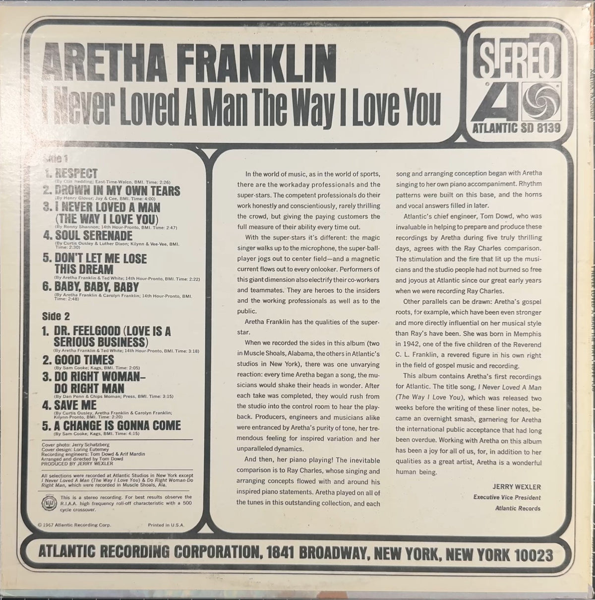 Aretha Franklin I Never Loved a Man the Way I Love You c.1973/74 US VG+/VG+