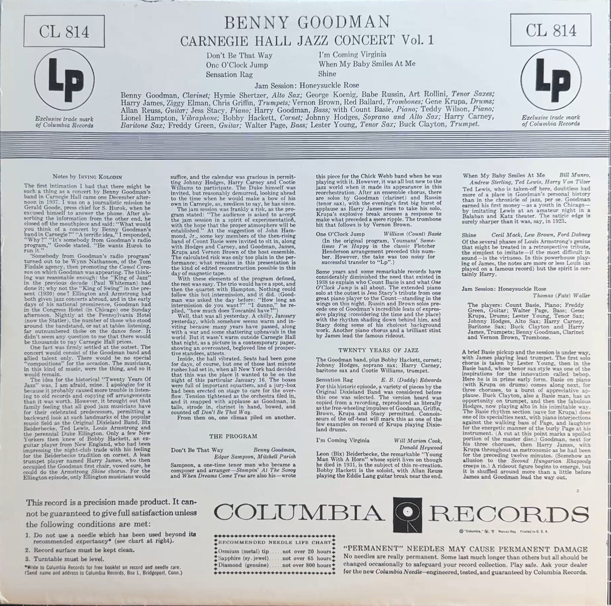 Benny Goodman 1938 Carnegia Hall Concert c.1970s US VG+/VG+