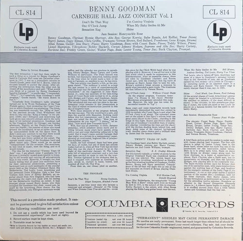Benny Goodman 1938 Carnegia Hall Concert c.1970s US VG+/VG+