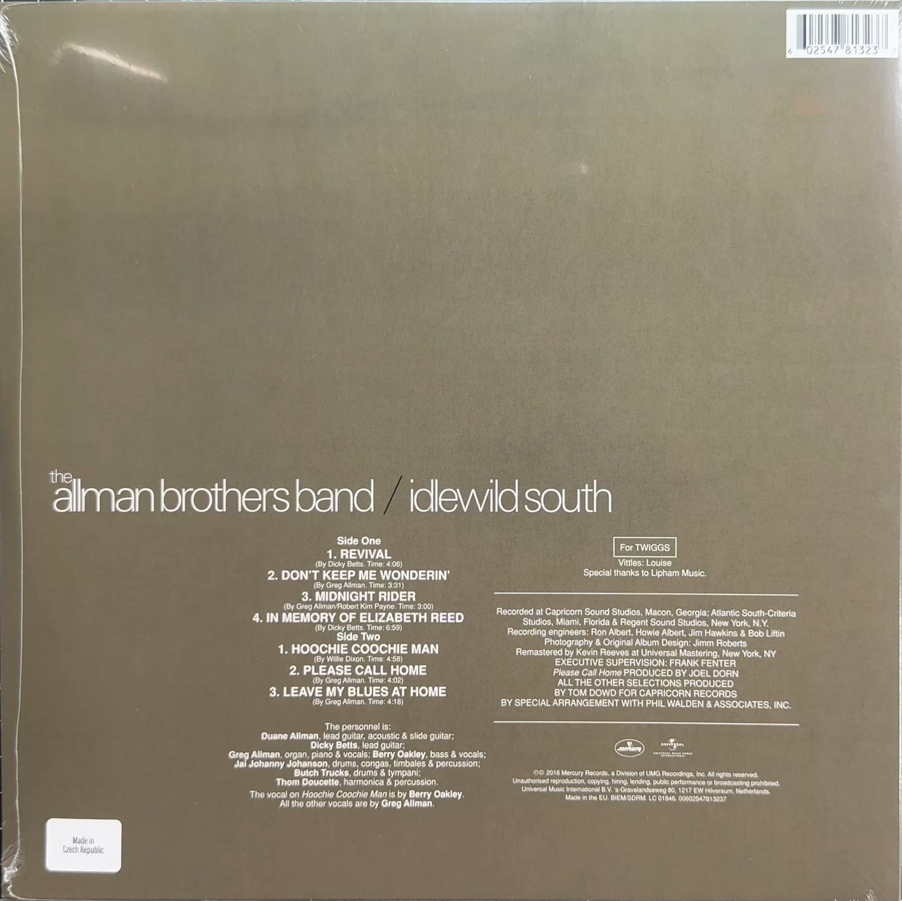 Allman Bros Band Idlewild South SEALED/NM 2016 Euro 180g Vinyl