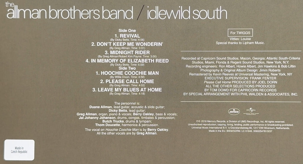 Allman Bros Band Idlewild South SEALED/NM 2016 Euro 180g Vinyl