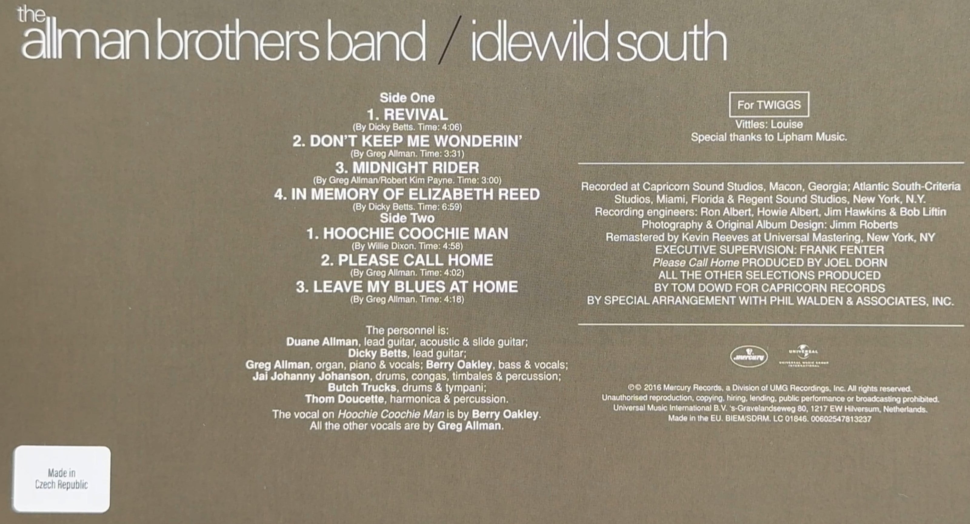 Allman Bros Band Idlewild South SEALED/NM 2016 Euro 180g Vinyl