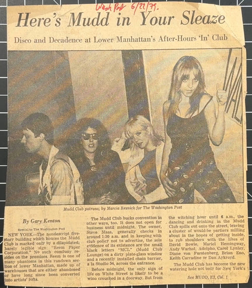 1979 Mudd Club clipping from Wash Post (Marcia Resnick photo, NYC Counterculture)