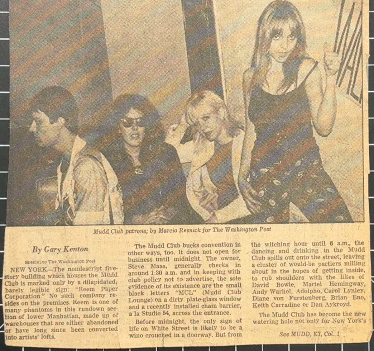 1979 Mudd Club clipping from Wash Post (Marcia Resnick photo, NYC Counterculture)