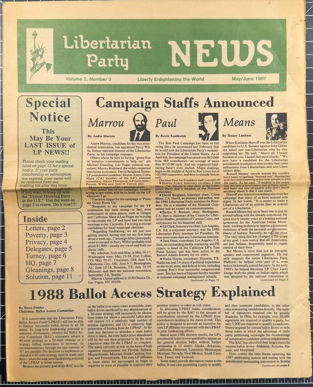 Various Libertarian Party Newspaper Editions from 1986/87 + Pages from Sep/Oct 1988