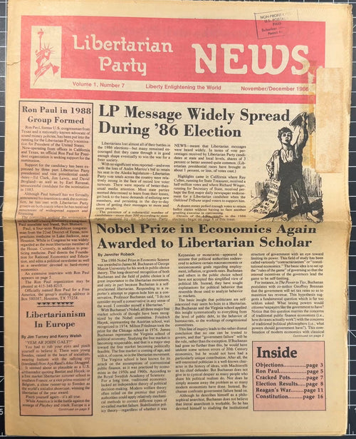 Various Libertarian Party Newspaper Editions from 1986/87 + Pages from Sep/Oct 1988